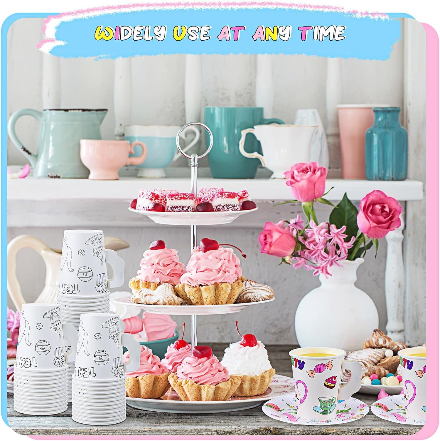 Tazas de té de papel con asa, tazas desechables para colorear para niños, tazas de té y platos de papel floral, calcomanías para fiestas de té,