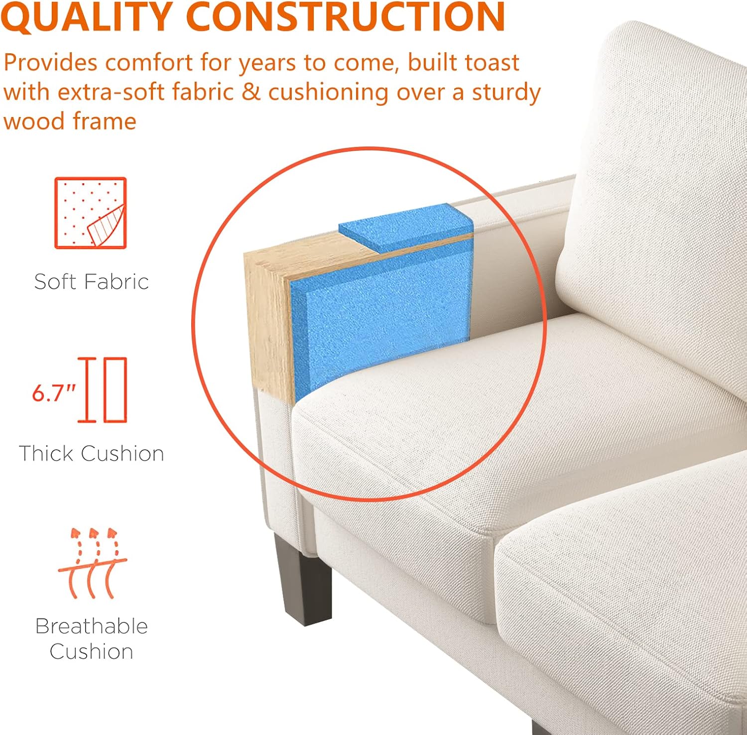 Sofá moderno de tela de 3 plazas de 75 pulgadas, con caja de almacenamiento, con capacidad de peso de 800 libras para sala de estar, dormitorio,