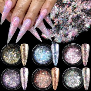 Juego de purpurina iridiscente para uñas, 6 copos de polvo cromado, efecto Aurora para uñas, escamas de ópalo de fuego de cristal rosa, azul, Juego de purpurina iridiscente para uñas, 6 copos de polvo cromado, efecto Aurora para uñas, escamas de ópalo de fuego de cristal rosa, azul,