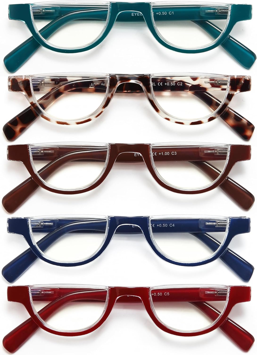 EYEURL Lentes de lectura de medio marco para mujer, paquete de 5 lentes de bloqueo de luz azul, a la moda, sin marco, para mujer, lentes anti rayos