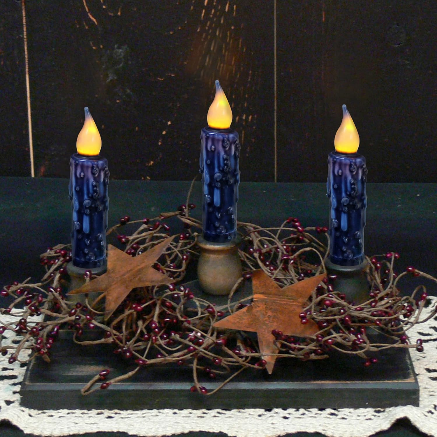 CVHOMEDECO. Velas de cera real sumergidas a mano con temporizador, luces LED rústicas sin llama, 4-34 pulgadas, azul marino, 3 unidades en un paquete