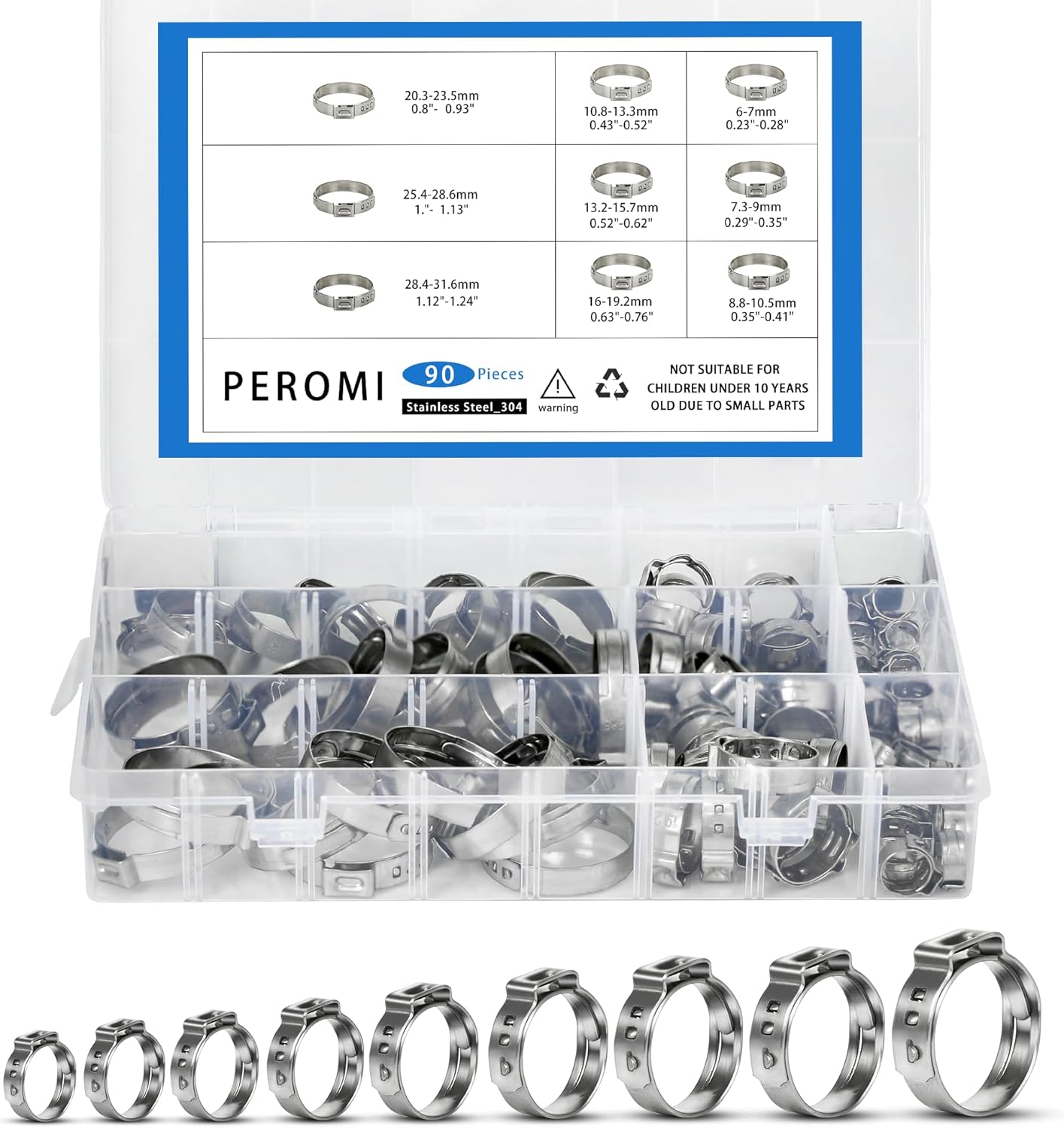 90 abrazaderas de manguera de oreja única, 9 tamaños 0.236-1.126 in 304 Stianless acero Cinch Clamp Rings Surtido Kit para conexiones de montaje de