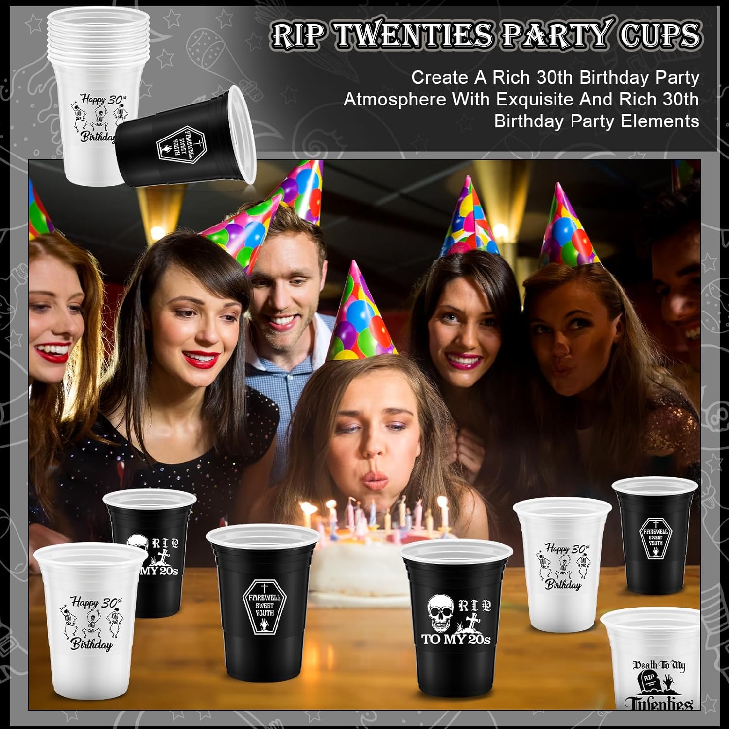 Rtteri Paquete de 48 vasos desechables de plástico grueso para fiesta de 16 onzas, RIP to My 20s, decoraciones de cumpleaños de 30 años, tazas de