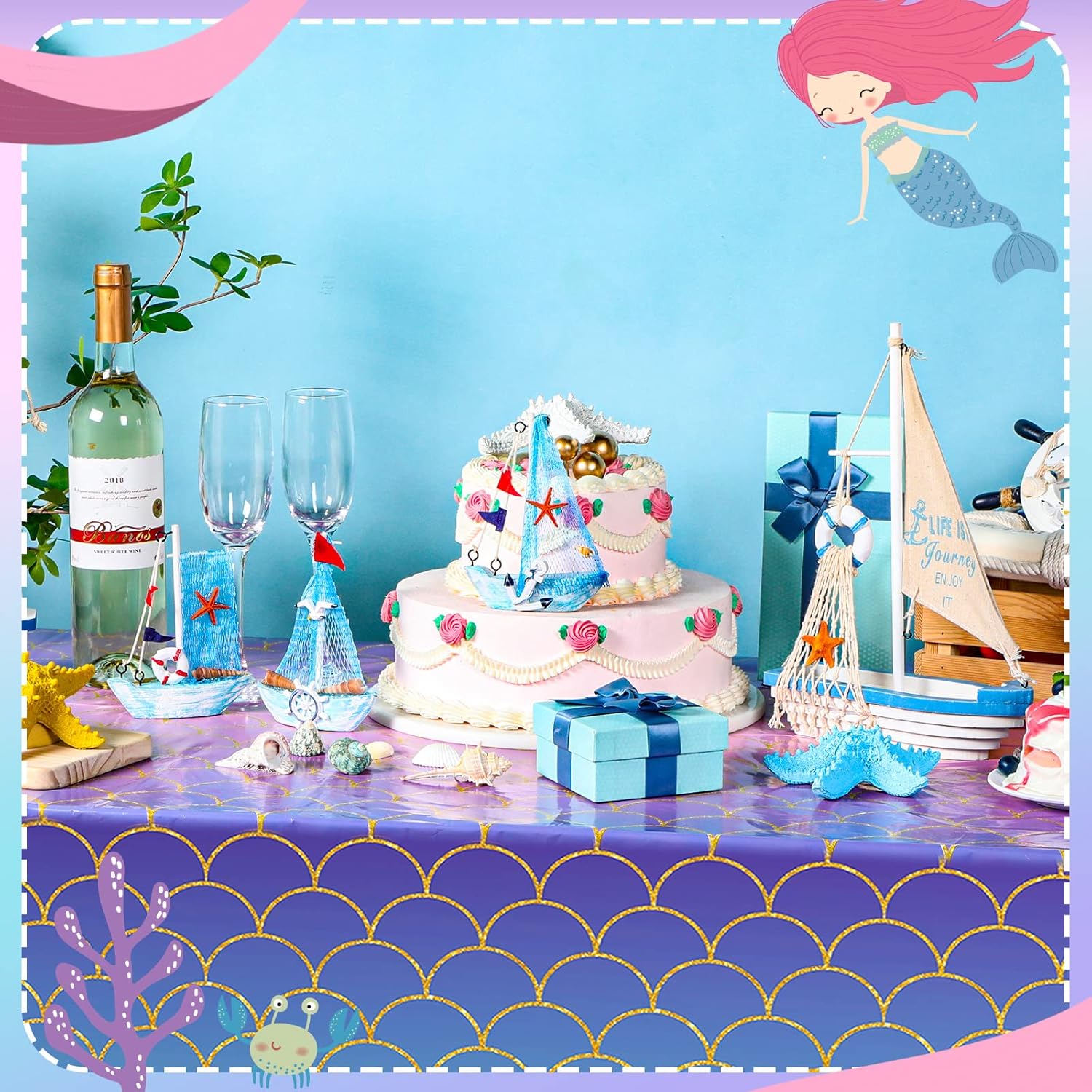12 manteles de sirena para fiestas de cumpleaños, manteles de sirena, desechables, de plástico, para niñas, recuerdos de fiesta de cumpleaños con