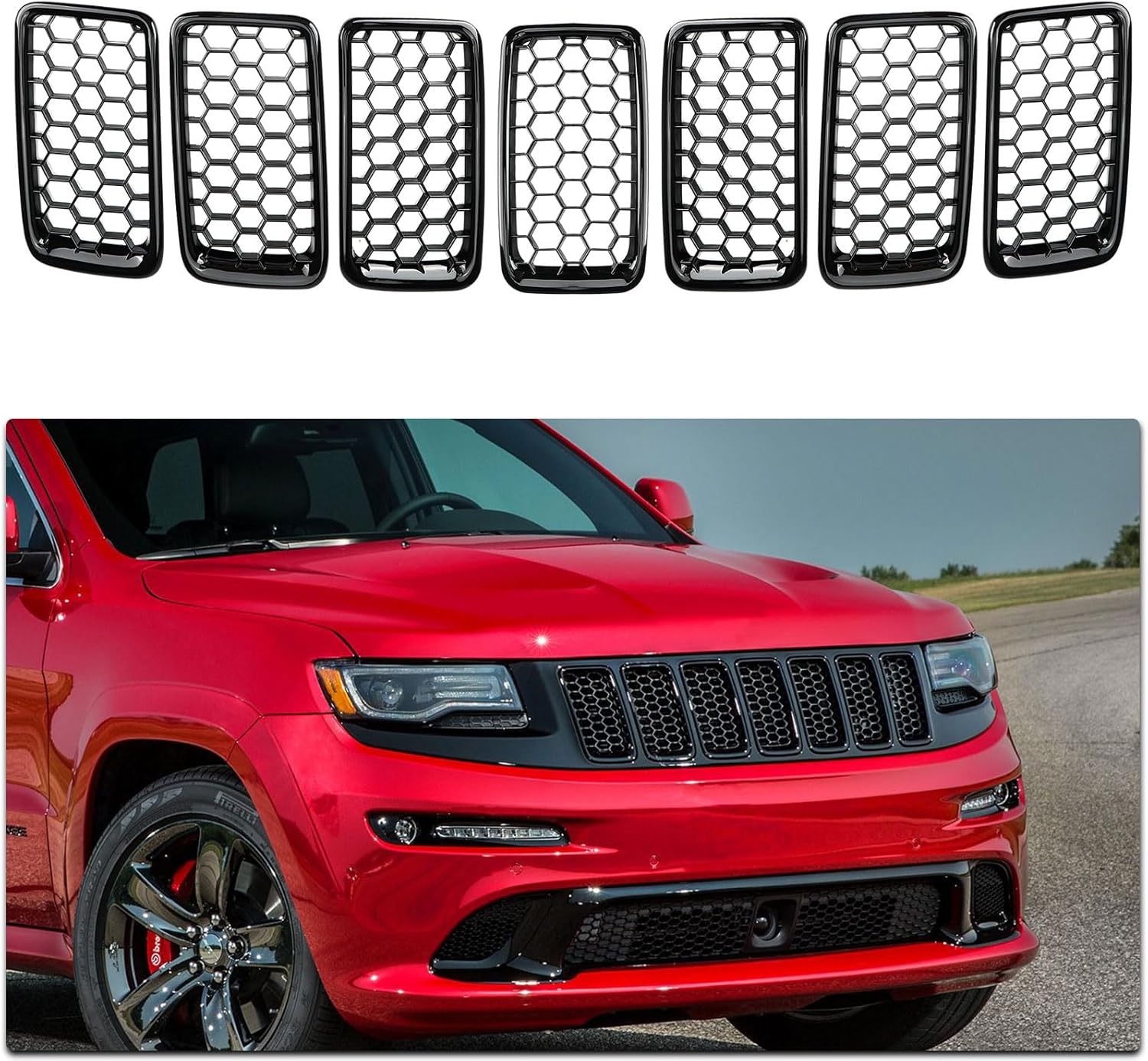 7 piezas de insertos de rejilla frontal de malla de panal negro brillante reemplazan para Jeep Grand Cherokee WK Laredo