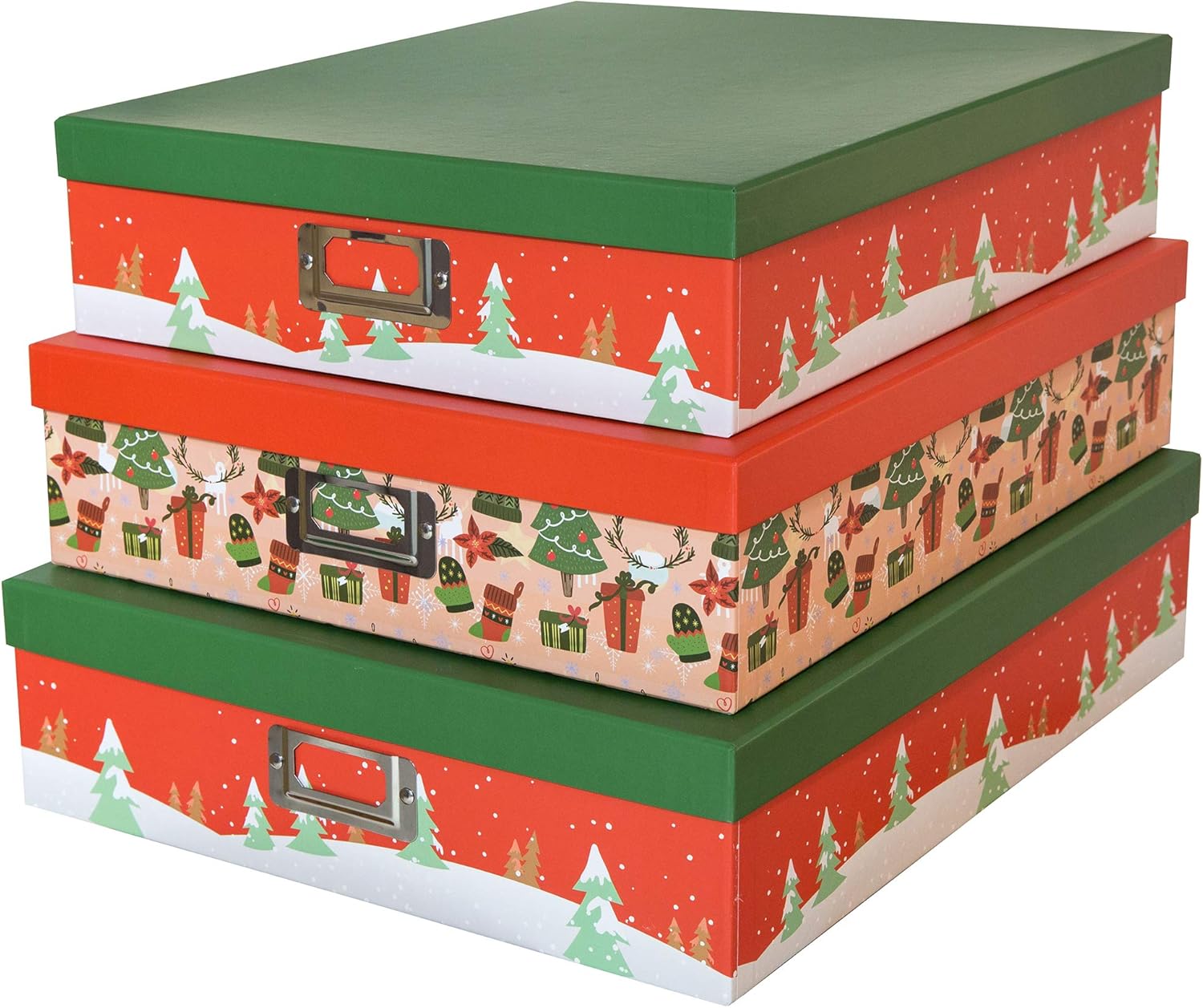 Soul & Lane Cajas de almacenamiento de cartón decorativas de Navidad (juego de 3) cajas de almacenamiento de fotos anidables con tapas, pequeñas