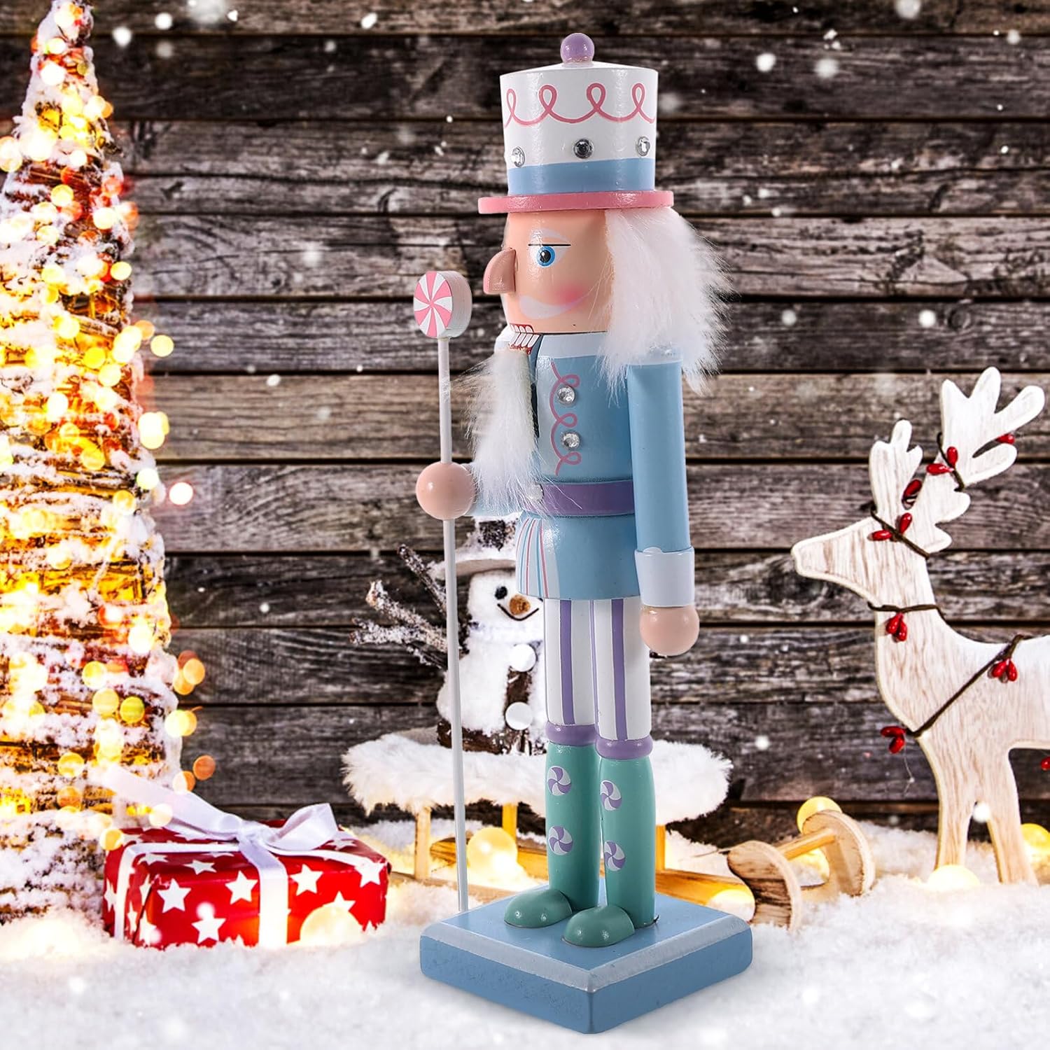 Garneck Soldado de cascanueces de Navidad de madera, decoración de figura de cascanueces de Navidad azul, adorno de cascanueces de 9.8 pulgadas para
