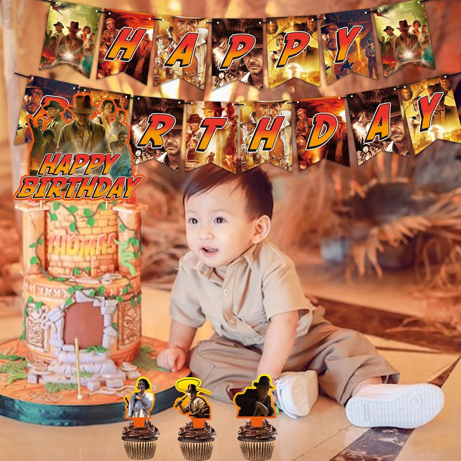 Suministros para fiestas de cumpleaños de Indiana Jones, decoraciones de cumpleaños temáticas de aventuras occidentales, incluyendo pancarta,