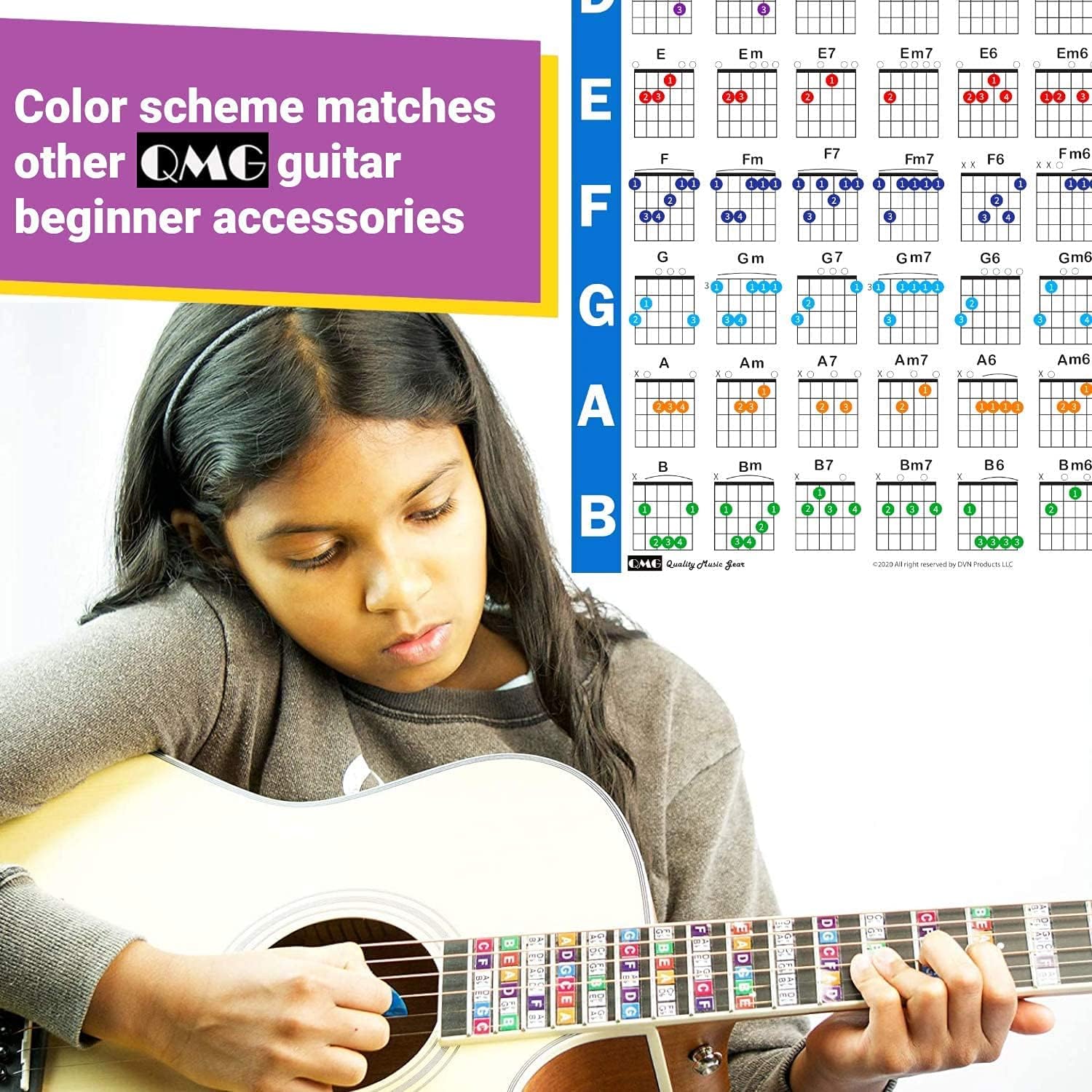 QMG Póster de acordes de guitarra (24 x 30 pulgadas), guía de referencia educativa para principiantes, 56 acordes codificados por colores, impreso