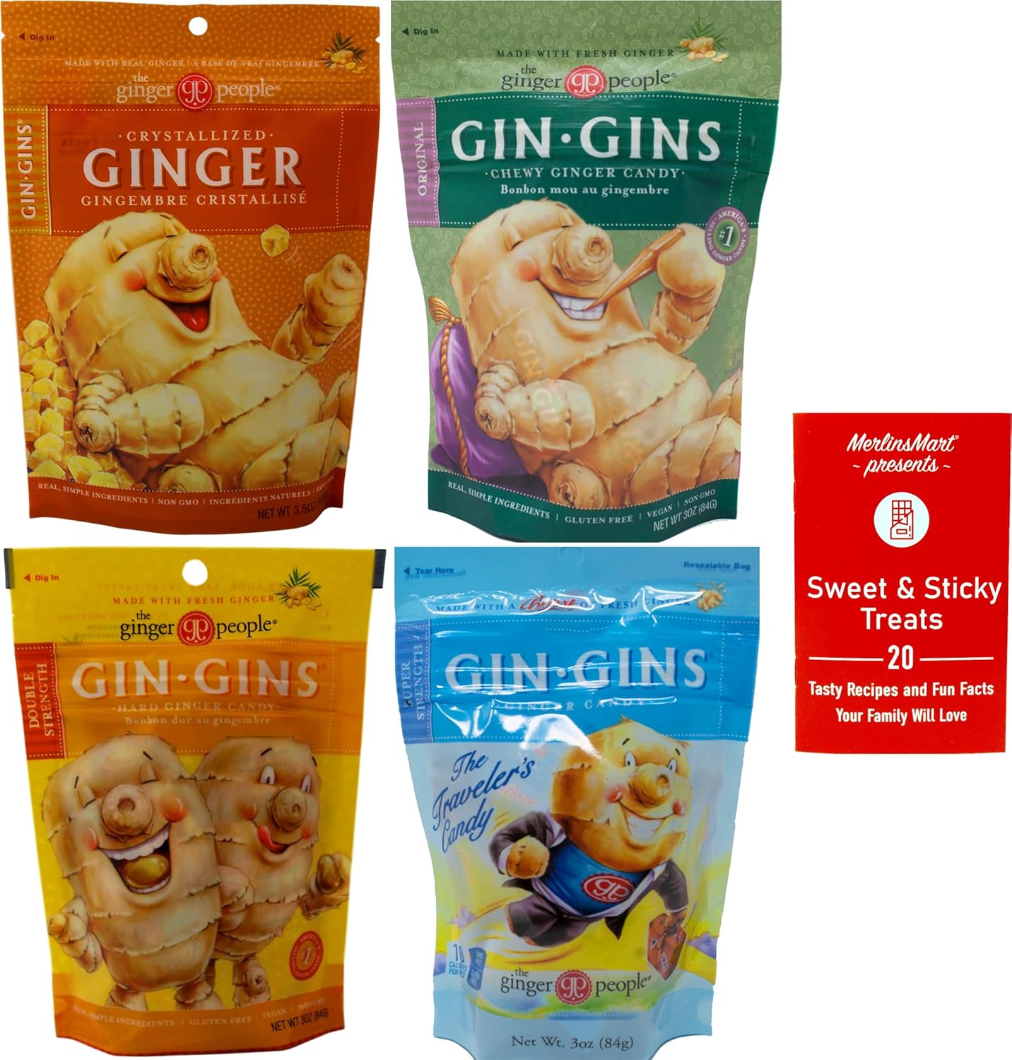 Gin Gins Ginger Chews  Caramelo de jengibre masticable variedad de 4 sabores (1) cada uno doble fuerza, original, súper fuerte, jengibre