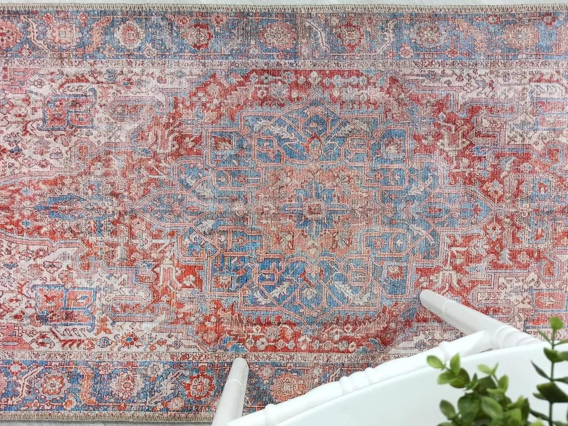 Fame Rugs Alfombras bohemias vintage para sala de estar, dormitorio, terracota, rojo, beige, azul cielo, 2 x 3 pies