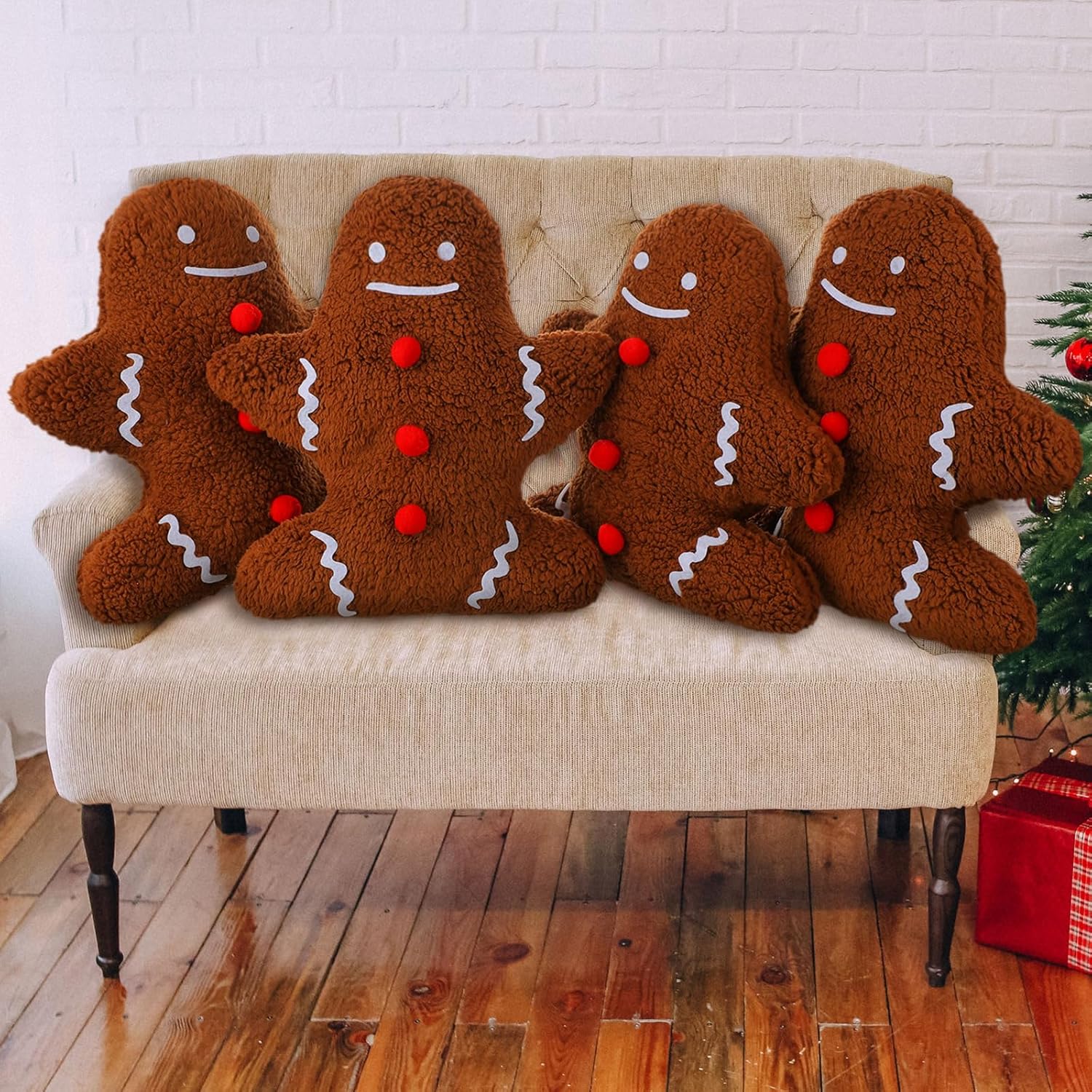 4 cojines de Navidad para fiestas de invierno, decoración para sofá, sofá, hombre de jengibre, almohada de Navidad rellena para fiestas al aire