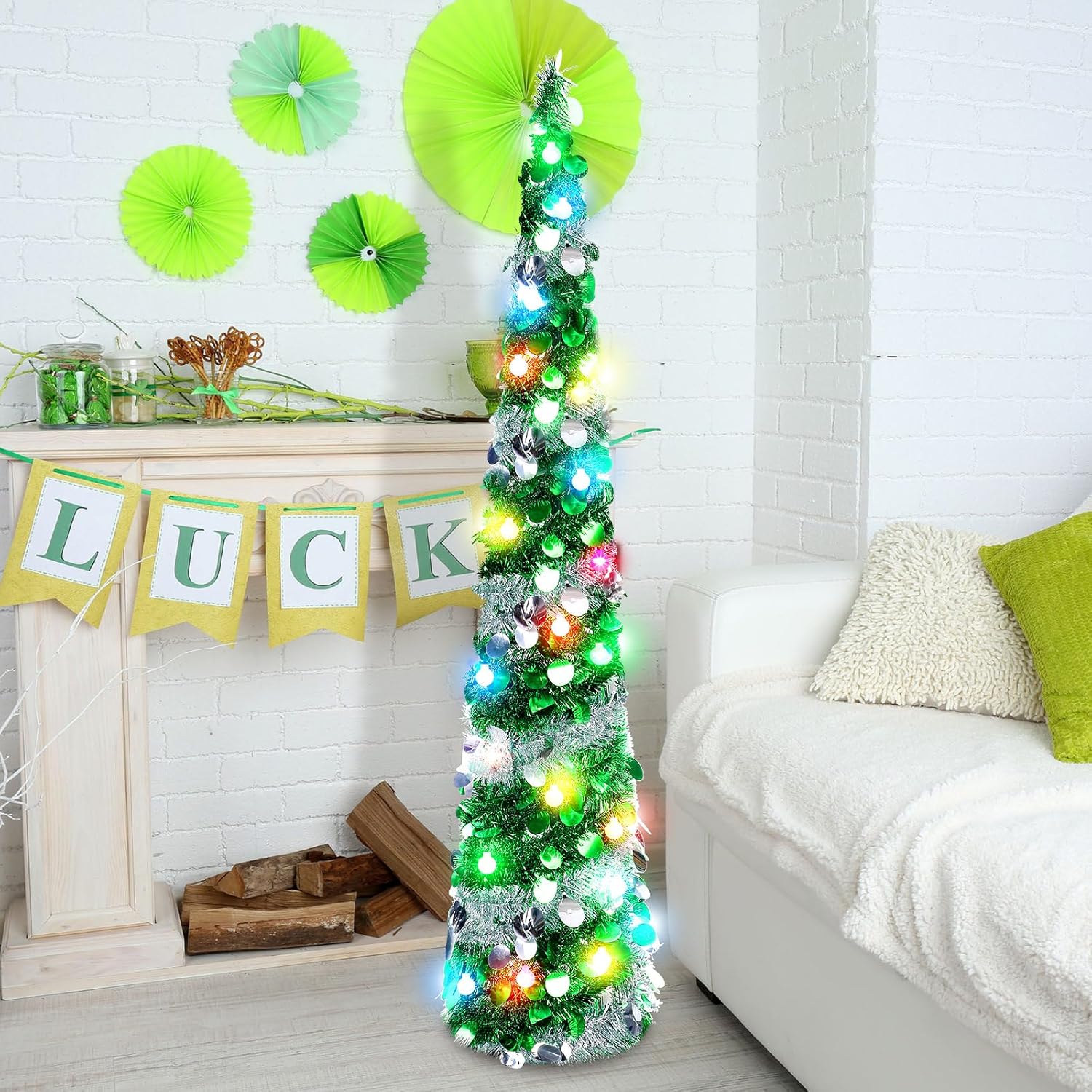 Sosation 2 piezas de árbol de 5 pies para el día de San Patricio preiluminado, árbol plegable artificial, plateado verde, árboles de oropel delgado