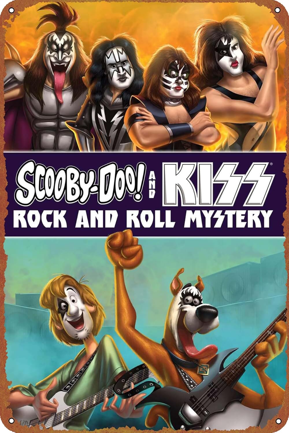 Scooby-Doo! and KISS Póster de película misteriosa de rock and roll, letrero de hojalata para cafetería, bar, hogar, decoración de pared, retro, de