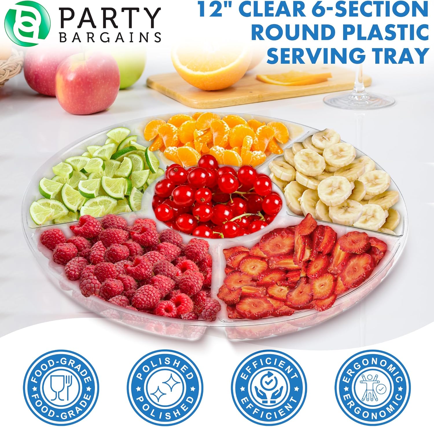 PARTY BARGAINS Bandeja redonda de plástico de 12 pulgadas, 6 secciones, transparente, paquete de 8