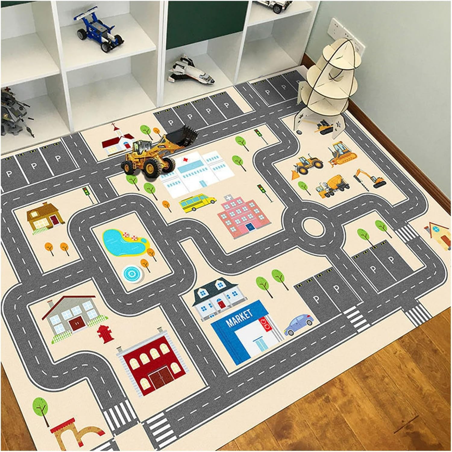 Car Rug Playmat, 4.6’x6.6′ City Roads Traffic Track Floor Mat Parking Lot Traffic Map Crawling Mat Education Fun Game Carpet Playroom Classroom Play