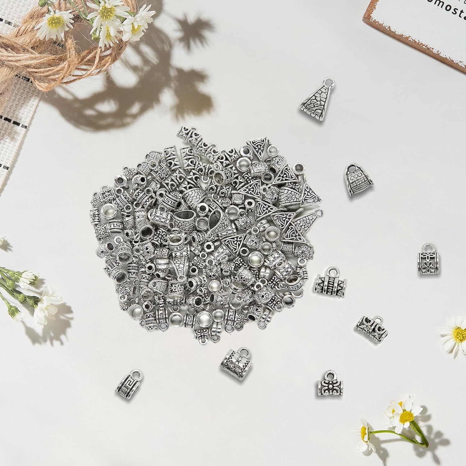 Cuentas tibetanas de plata de ley de 3.53 oz (3.53 onzas), cuentas espaciadoras de plata con agujero, cuentas de metal antiguas, espaciadores para