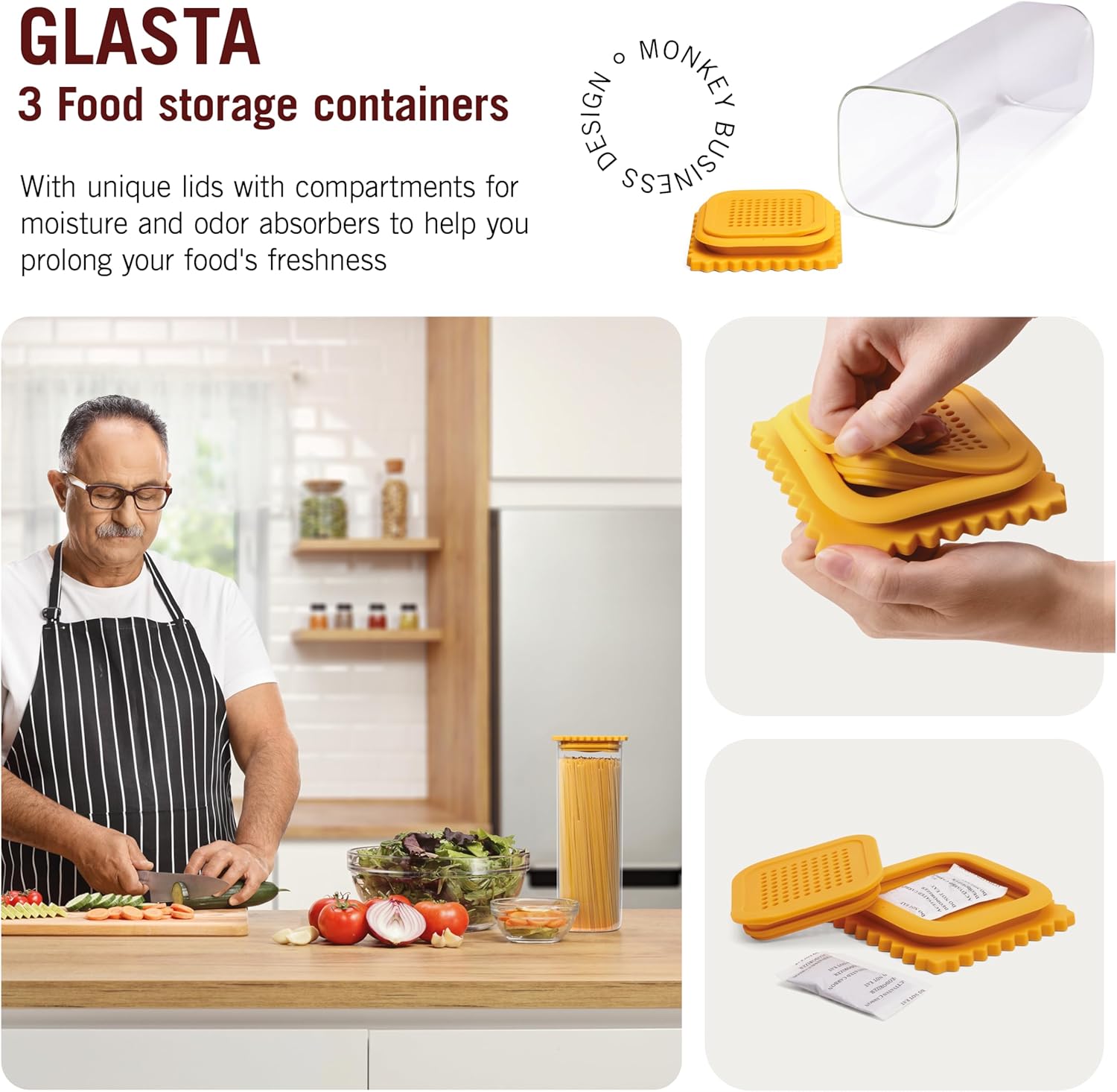 Monkey Business GLASTA Recipiente de vidrio para alimentos con tapa hermética, tarro de almacenamiento de alimentos de vidrio transparente con tapa
