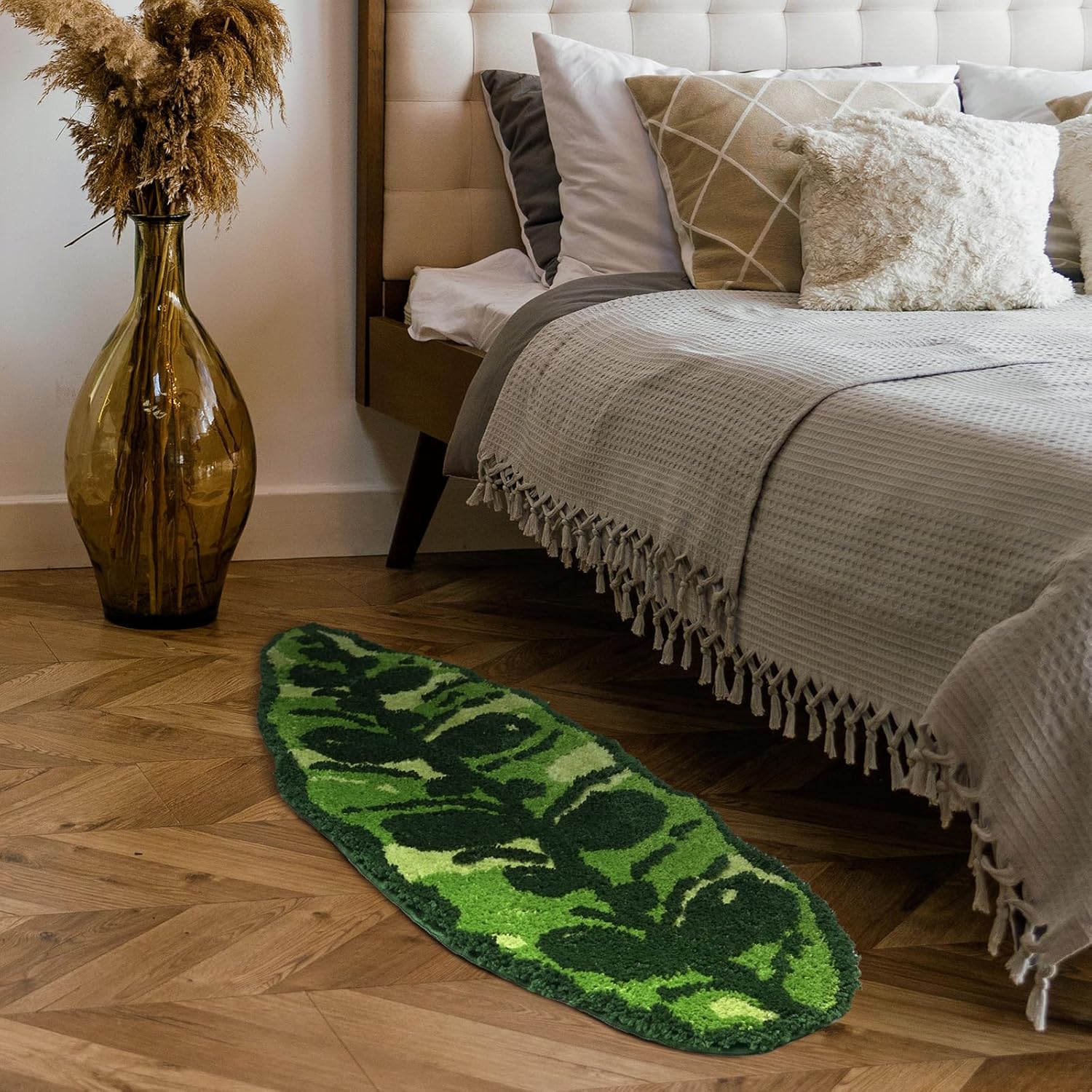 Alfombra verde para pasillo de cocina, antideslizante, con hojas divertidas, larga, suave, copetuda, tropical para baño, dormitorio, cuarto de
