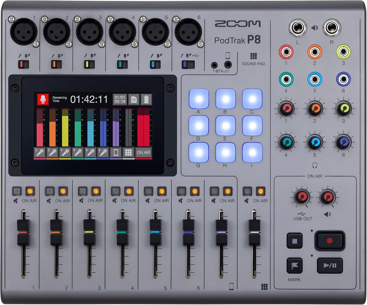 Zoom PodTrak P8 – Grabadora de Podcast, 6 entradas de micrófono, 6 salidas de auriculares, entrada de teléfono, almohadillas de sonido, edición a tu