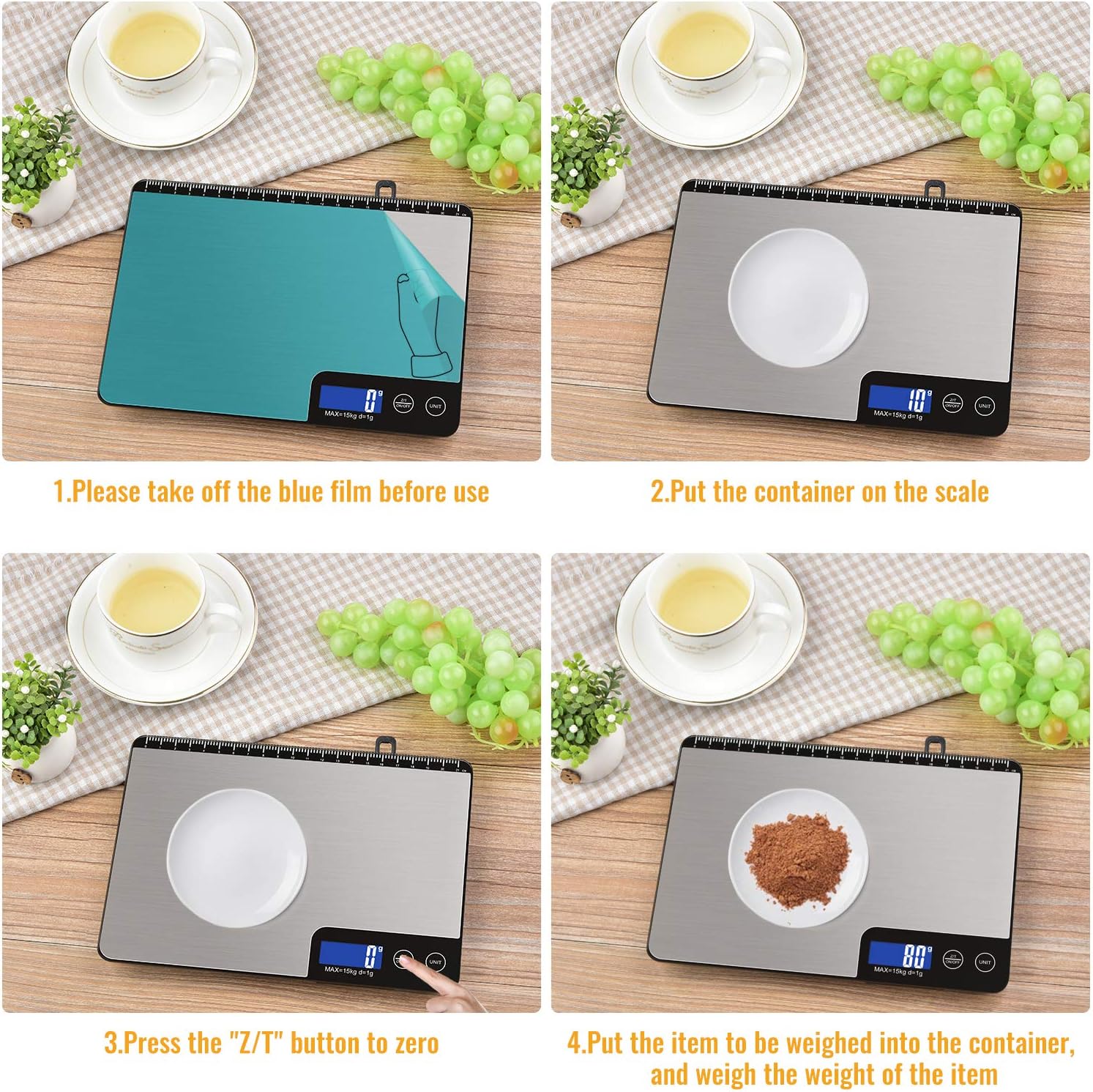 Báscula digital de cocina de 33 libras, área de pesaje grande, báscula electrónica profesional de alimentos, báscula doméstica de acero inoxidable,