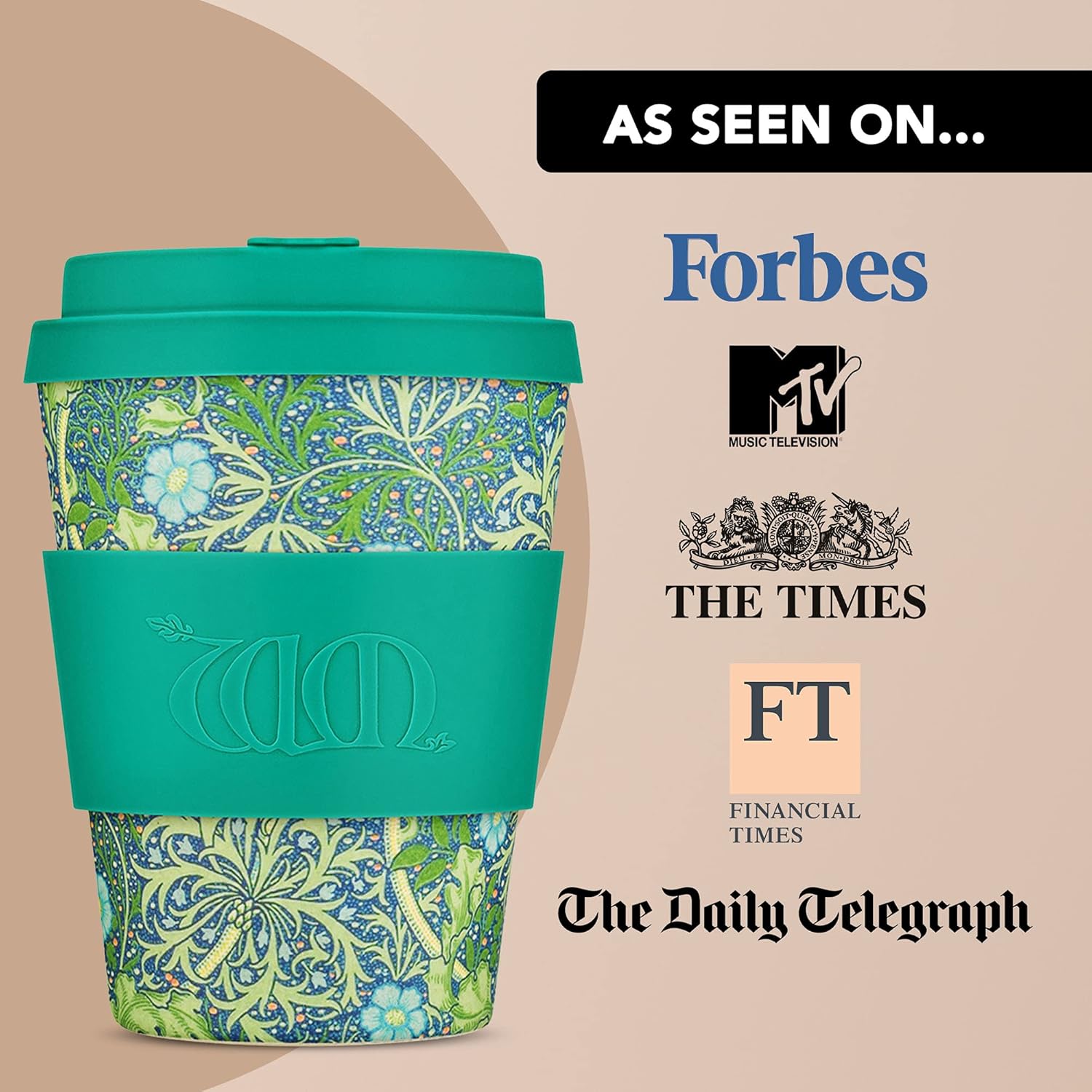 Ecoffee Cup + William Morris Seaweed Marine con silicona turquesa de 12 onzas, reutilizable y respetuosa con el medio ambiente para llevar
