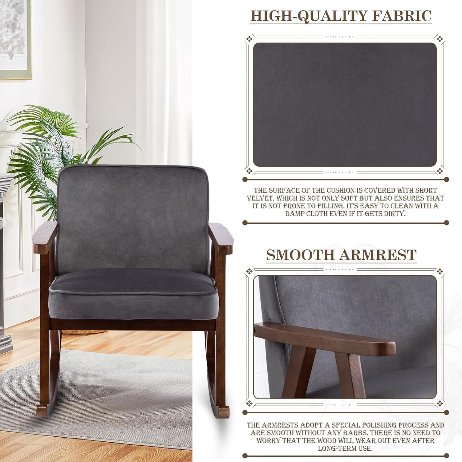 KINFFICT Mecedora tapizada, mecedora mecedora de mediados de siglo con patas de madera maciza, cómoda silla con brazo decorativo para sala de estar,