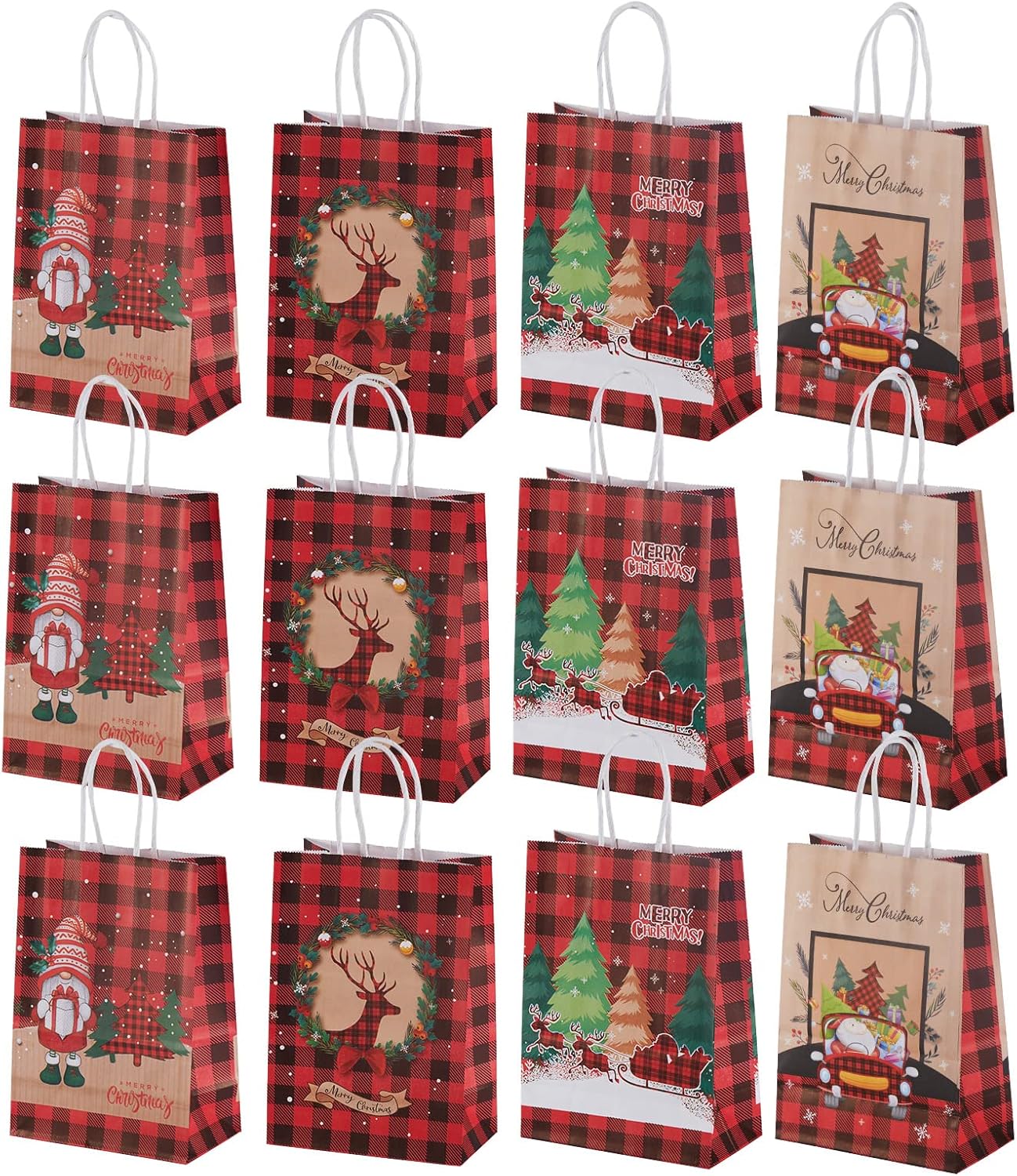 Maetrin 12 bolsas pequeñas de regalo de Navidad reutilizables, 4 estilos, bolsas de papel kraft de Navidad con asa a granel para regalos de fiesta