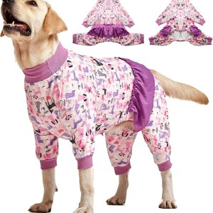 LovinPet Mameluco de manga larga para perros grandes, camisa de algodón de cuello alto, antidesprendimiento, tejido elástico ligero, estampado de LovinPet Mameluco de manga larga para perros grandes, camisa de algodón de cuello alto, antidesprendimiento, tejido elástico ligero, estampado de