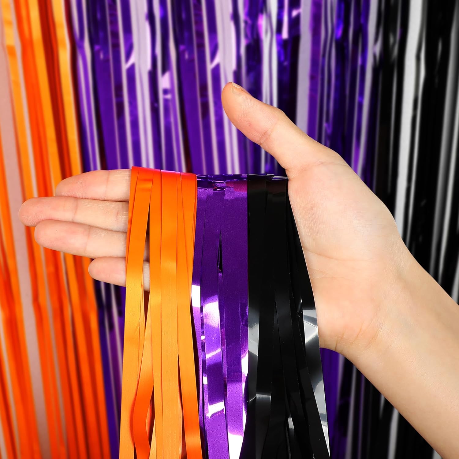 2 Packs 3.3ft x 8.2ft Halloween Orange Purple Black Tinsel Foil Fringe Curtains, Metallic Foil Curtains for Home Outdoor Halloween Party Photo Booth