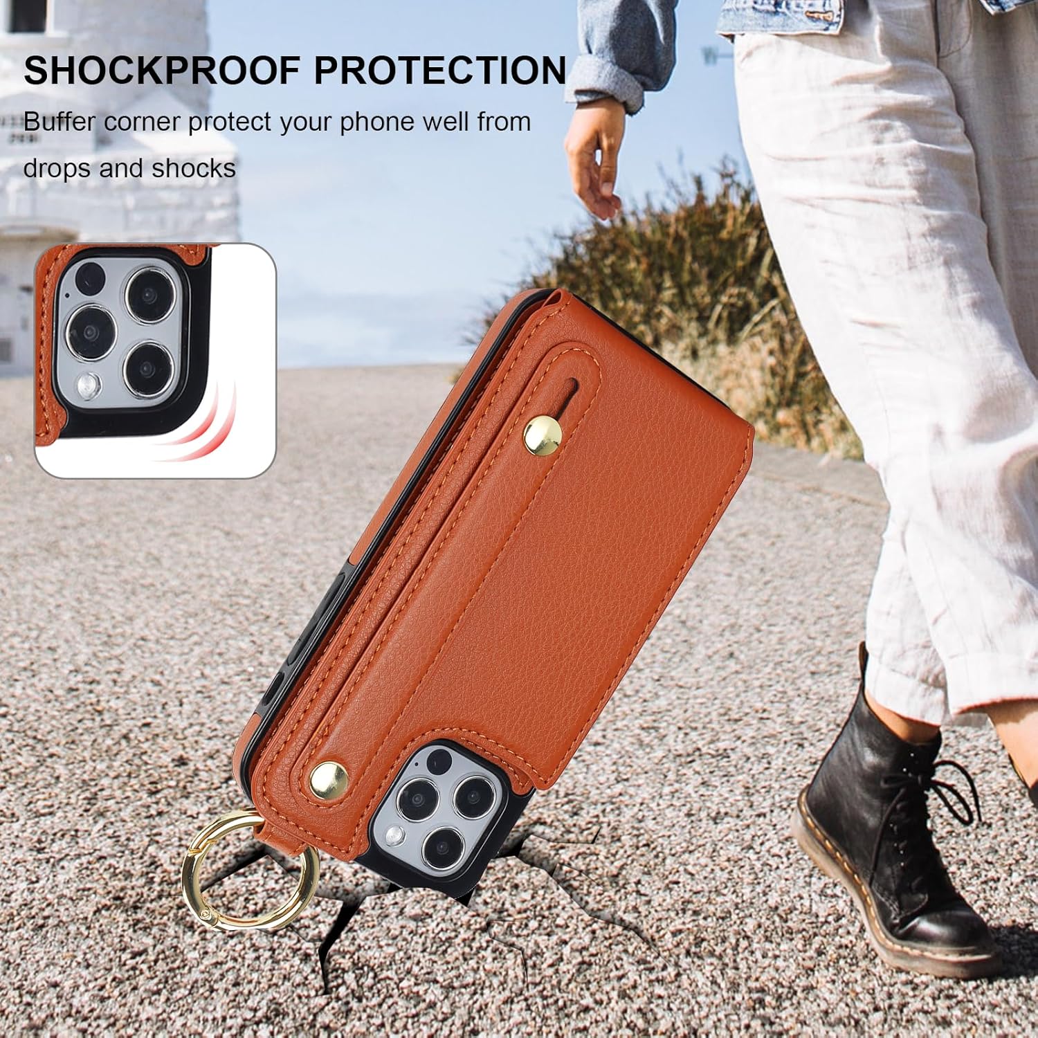 Folosu Funda tipo cartera para iPhone 1212 Pro con soporte para tarjetas, correa de mano para la muñeca, soporte de bucle, bloqueo RFID, anillo de