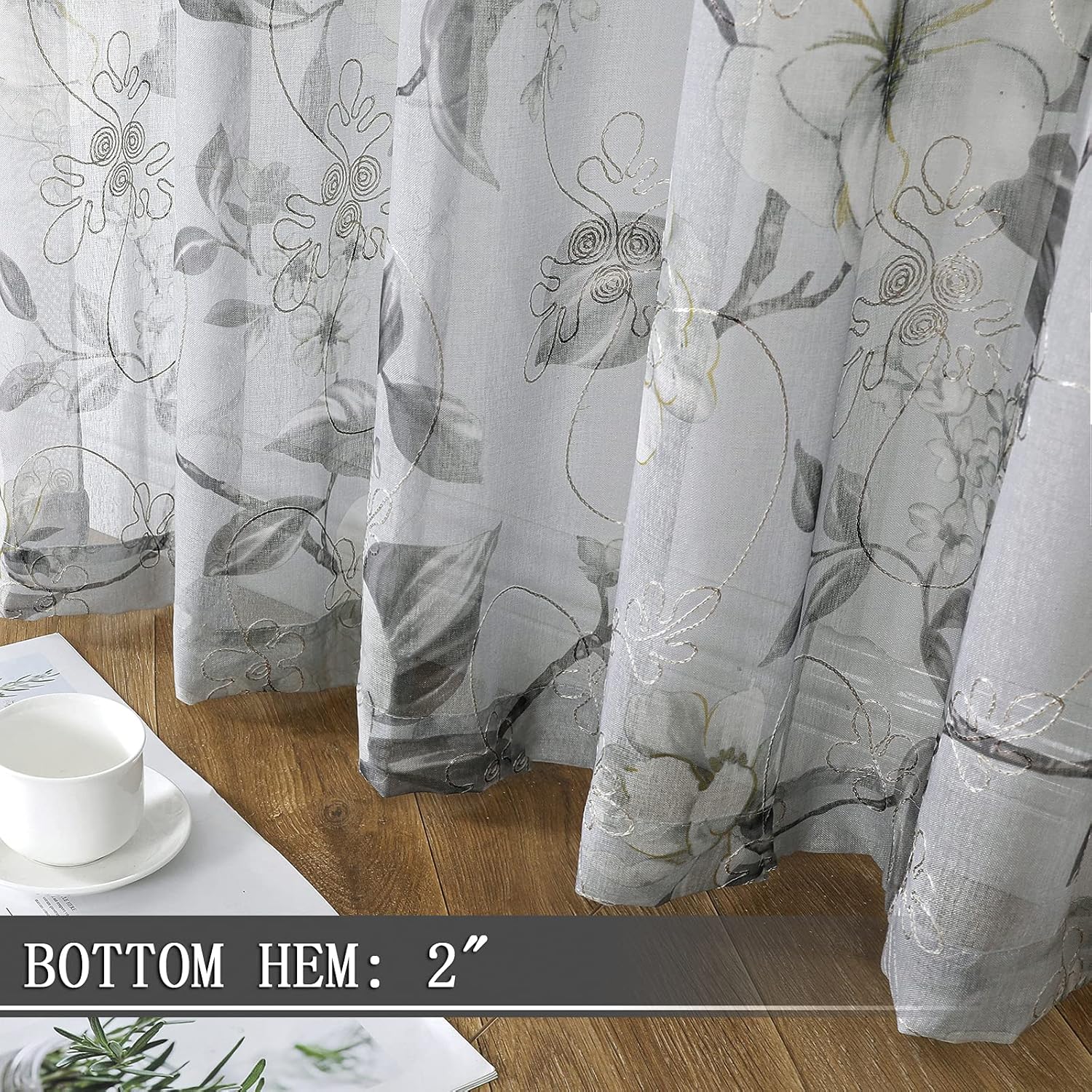 Tollpiz – Cortinas de gasa transparentes, hechas de lino sintético, bordadas, con diseño de hojas y flores, para dormitorio o sala de estar, juego