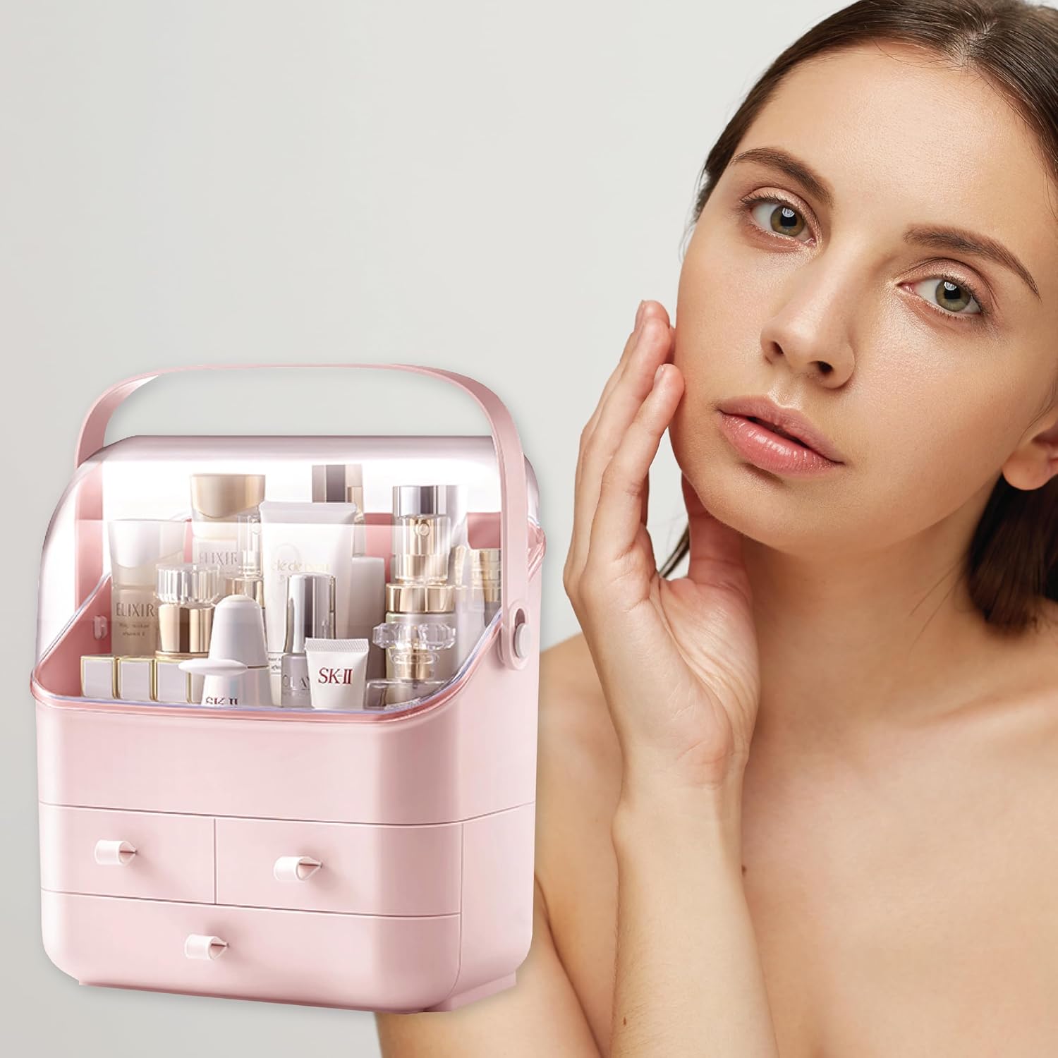 BRUUN – Contenedor de almacenamiento para cosméticos para el cuidado de la piel una caja de maquillaje grande de color rosa a prueba de polvo y agua