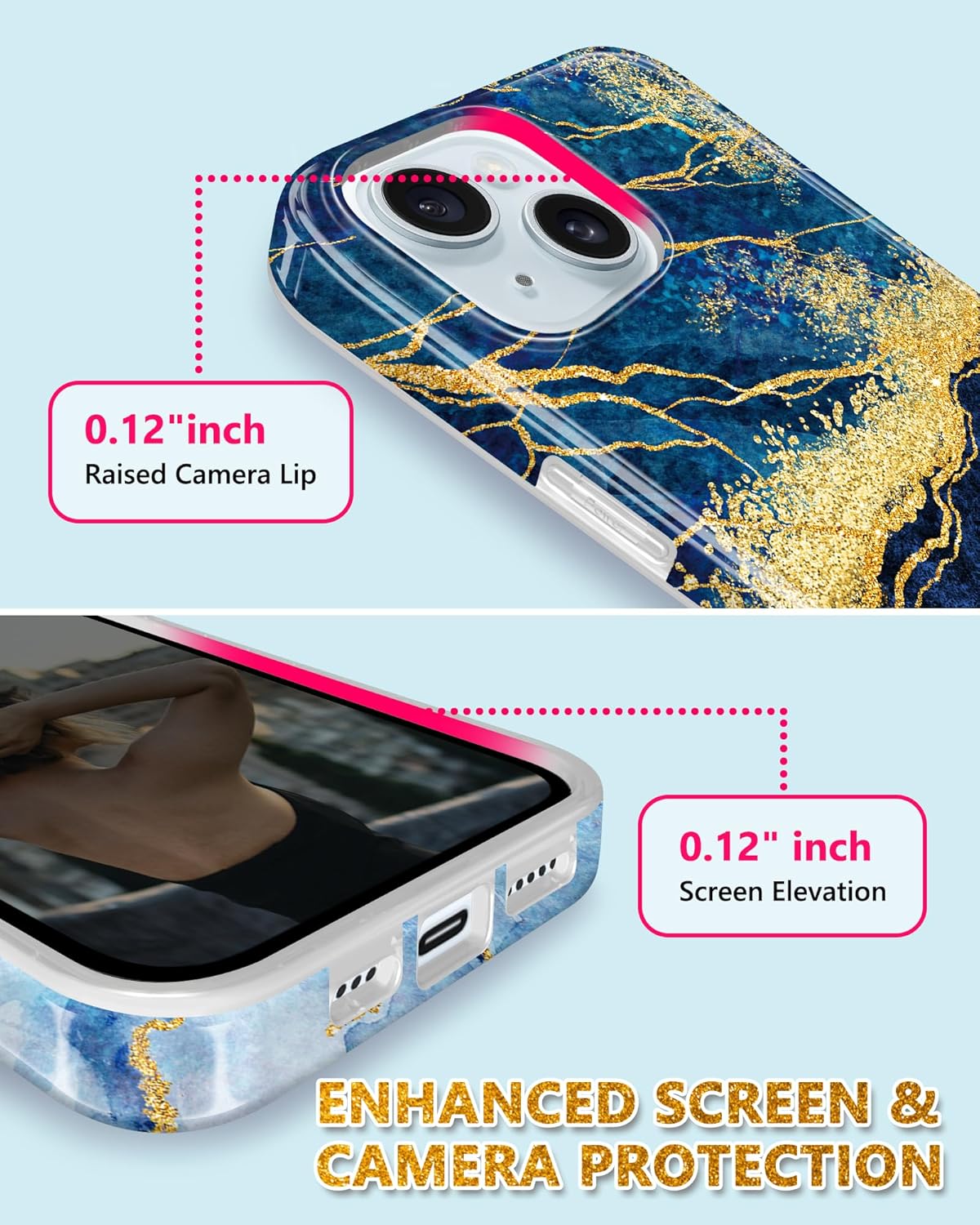 JIAXIUFEN Funda compatible con iPhone 15 Plus, diseño de mármol con purpurina dorada, a prueba de golpes, delgada, suave, funda de silicona TPU de