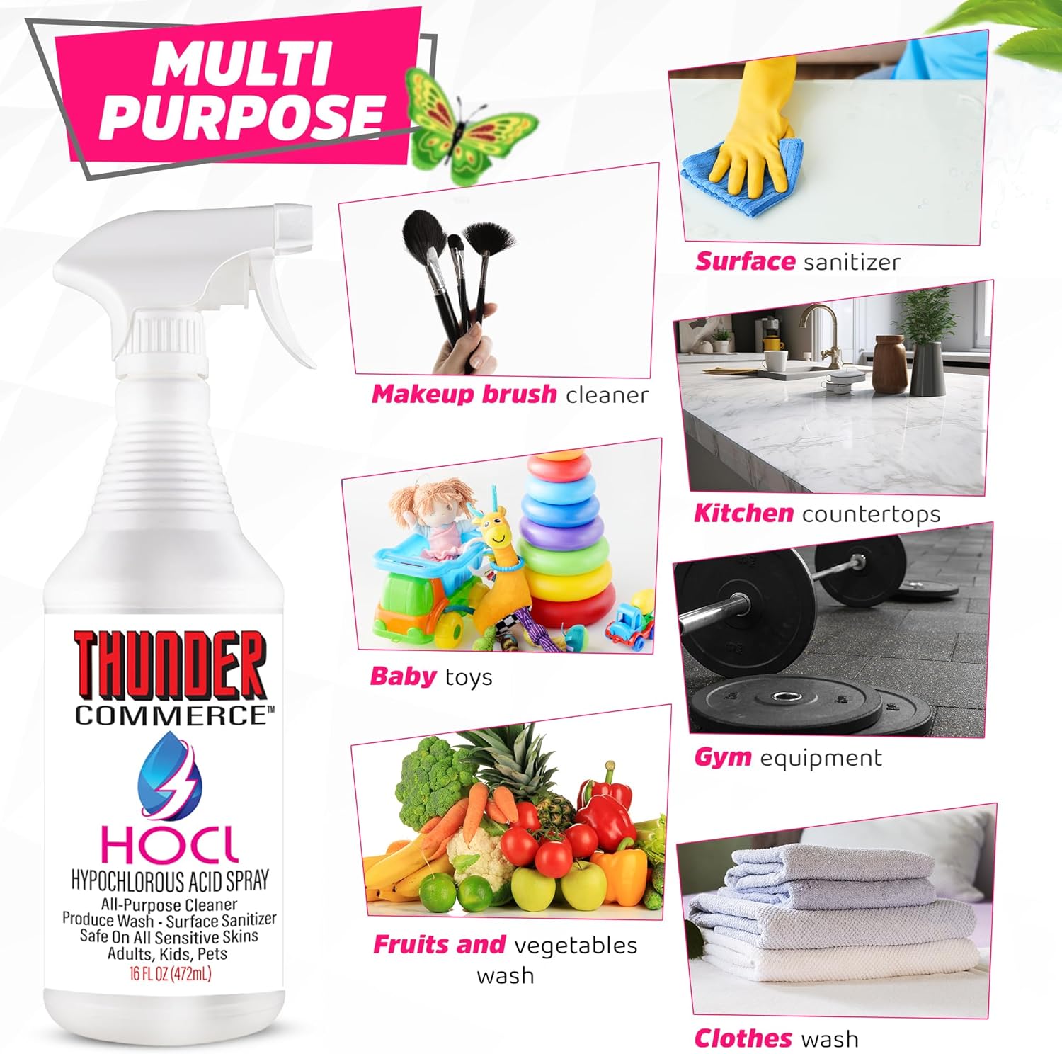 Thunder Commerce Spray de ácido hipocloroso  Limpiador multiusos, desinfectante de superficies, lavado de productos  Natural, biodegradable, sin