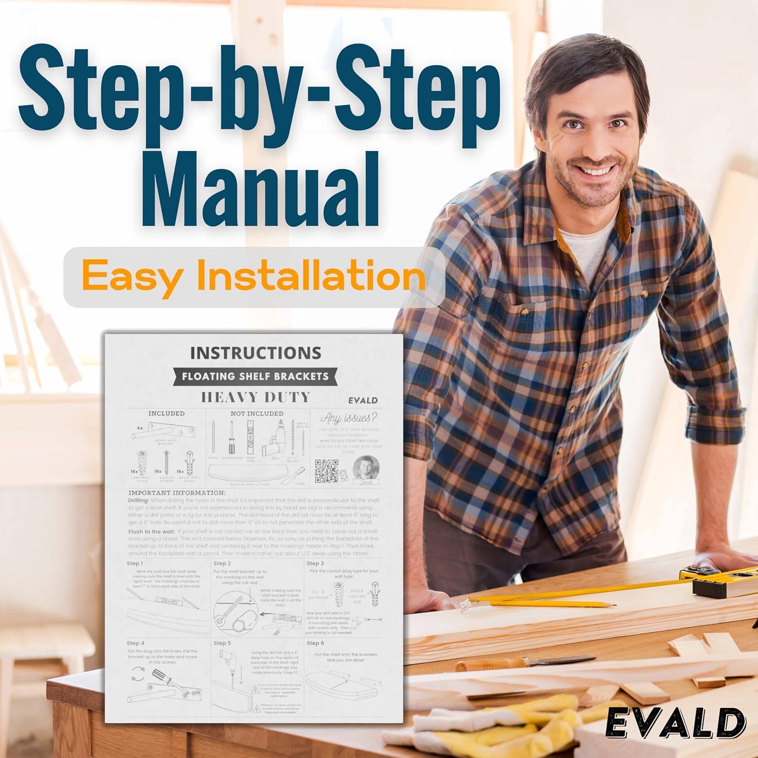 EVALD Soporte de estante flotante resistente  Soporte de mantel flotante de 4 pulgadas, soportes de estante ciego y anclajes  Accesorios de estante