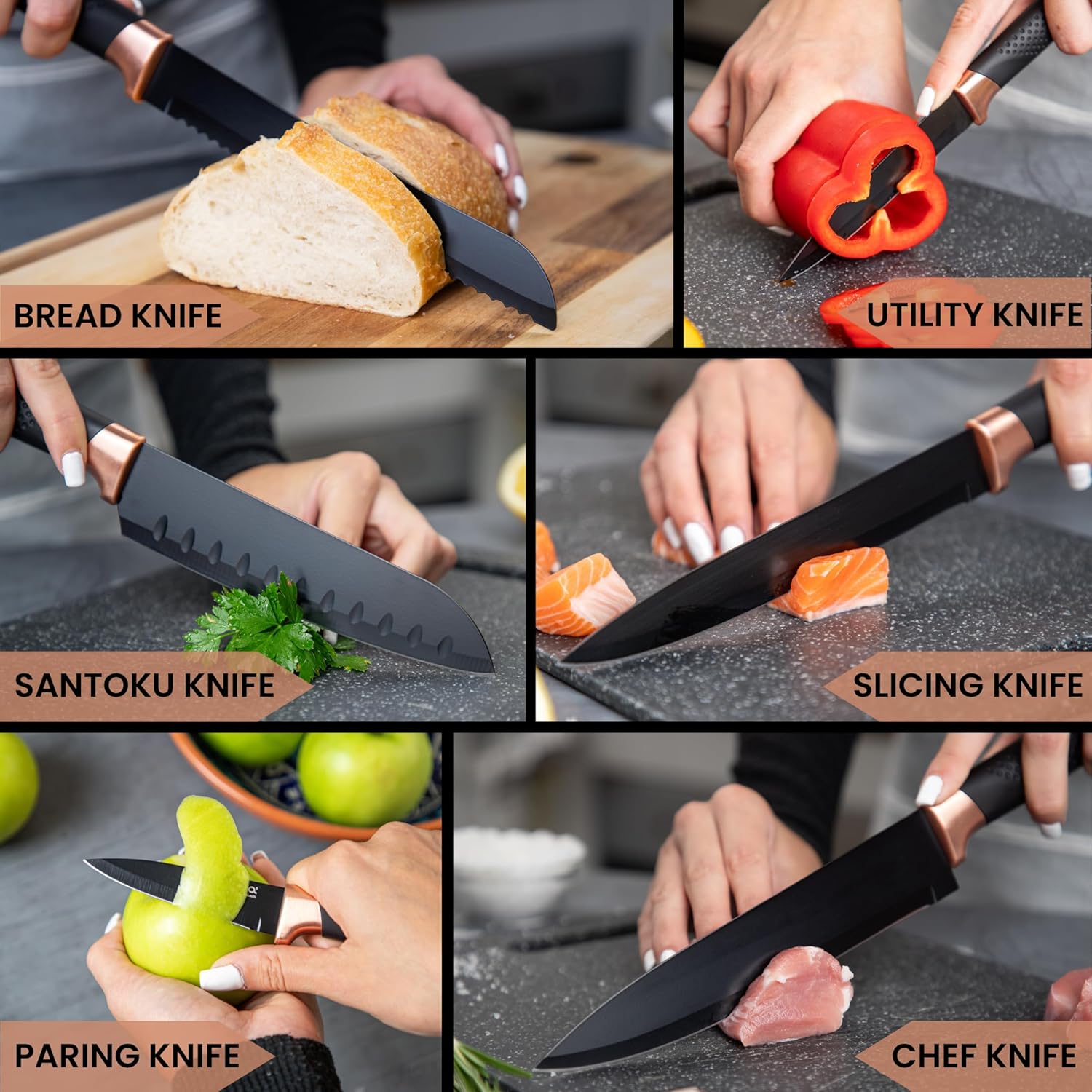 nuovva Juego de cuchillos de cocina profesionales con bloque, juego de cuchillos de cobre de 17 piezas con cuchillos para carne, bloque de acrílico