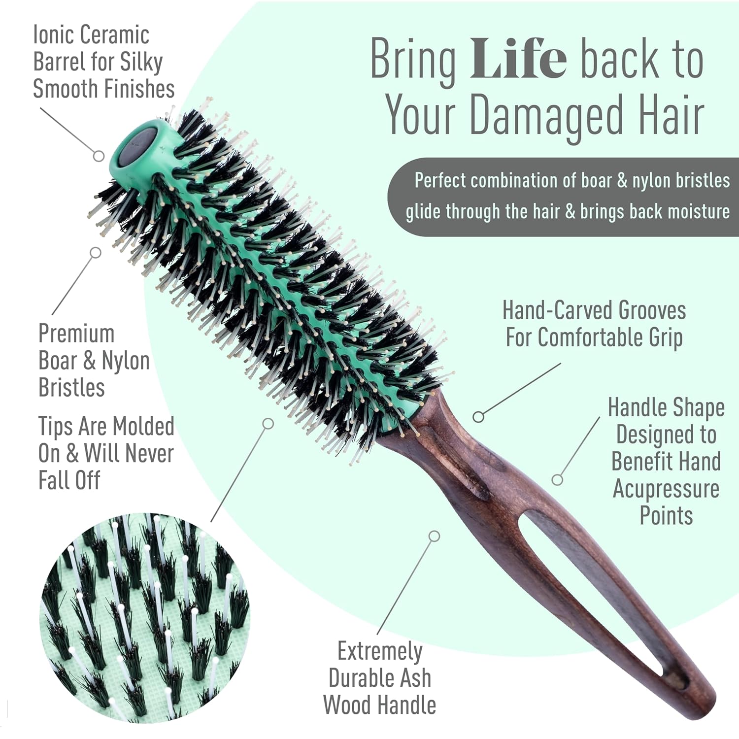 MINT Cepillo redondo ecológico de cerdas de jabalí para secado con soplado  Cepillo duradero para todo tipo de cabello  Cepillo redondo de cerámica