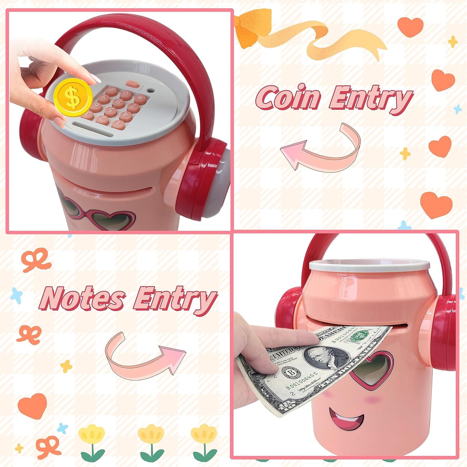Banco de cajero automático para niños,Alcancía electrónica de música rosa para niñas,Banco seguro para niños grandes