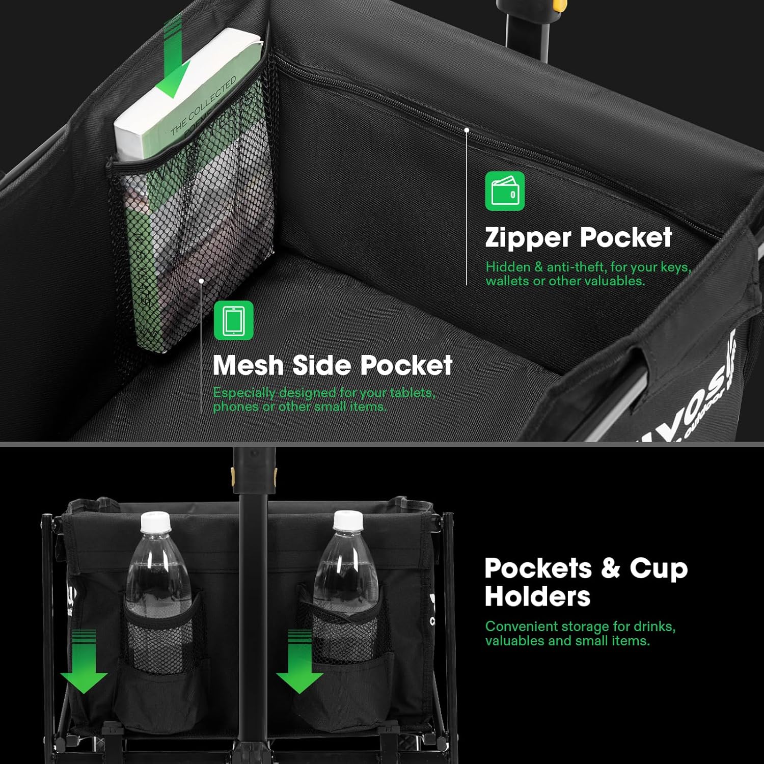 VIVOSUN Carro plegable plegable, utilidad al aire libre con ruedas todo terreno, mango ajustable, portavasos y bolsillos laterales, para campamento,