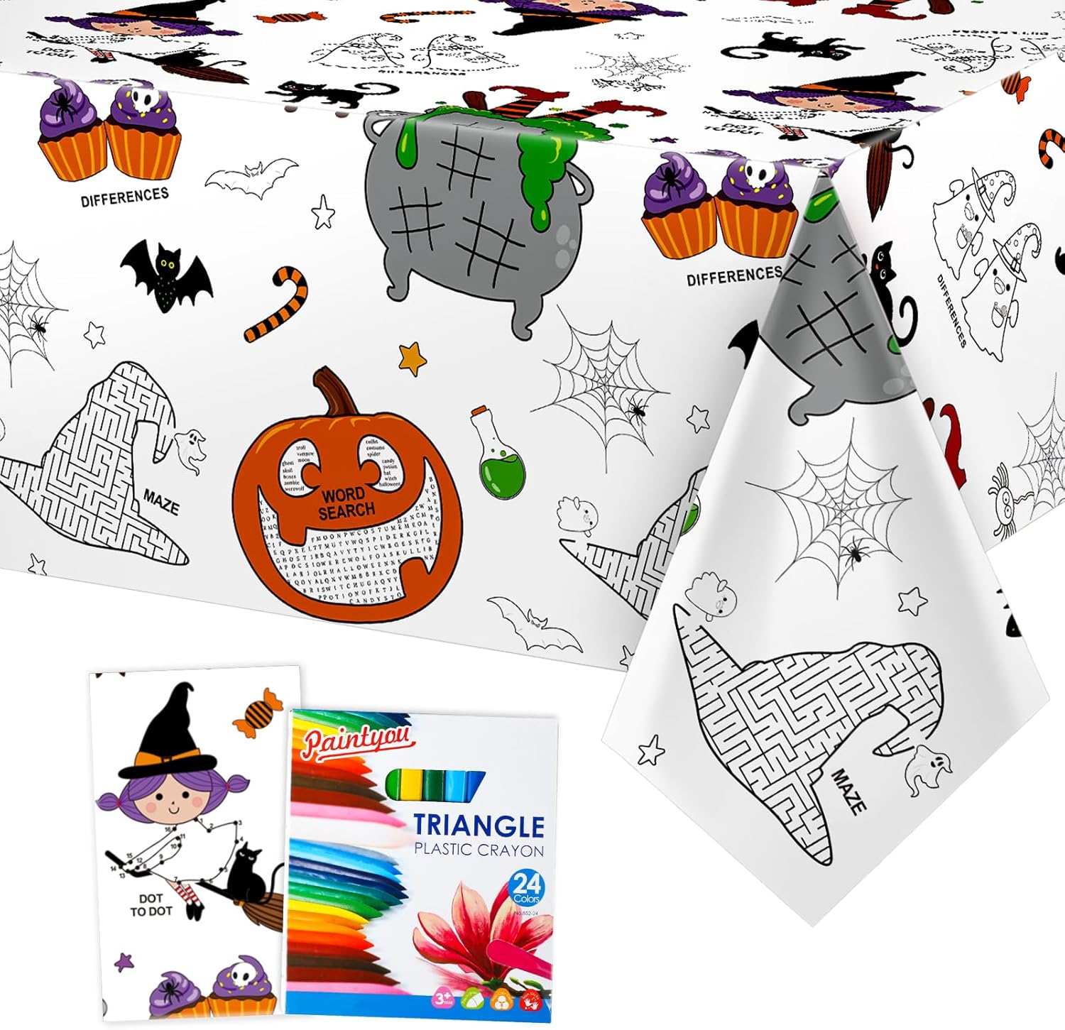 Faccito Mantel gigante de Halloween para colorear de 108 x 54 pulgadas, cubierta de mesa de papel de Halloween con 24 crayones de colores, póster