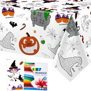 Faccito Mantel gigante de Halloween para colorear de 108 x 54 pulgadas, cubierta de mesa de papel de Halloween con 24 crayones de colores, póster Faccito Mantel gigante de Halloween para colorear de 108 x 54 pulgadas, cubierta de mesa de papel de Halloween con 24 crayones de colores, póster