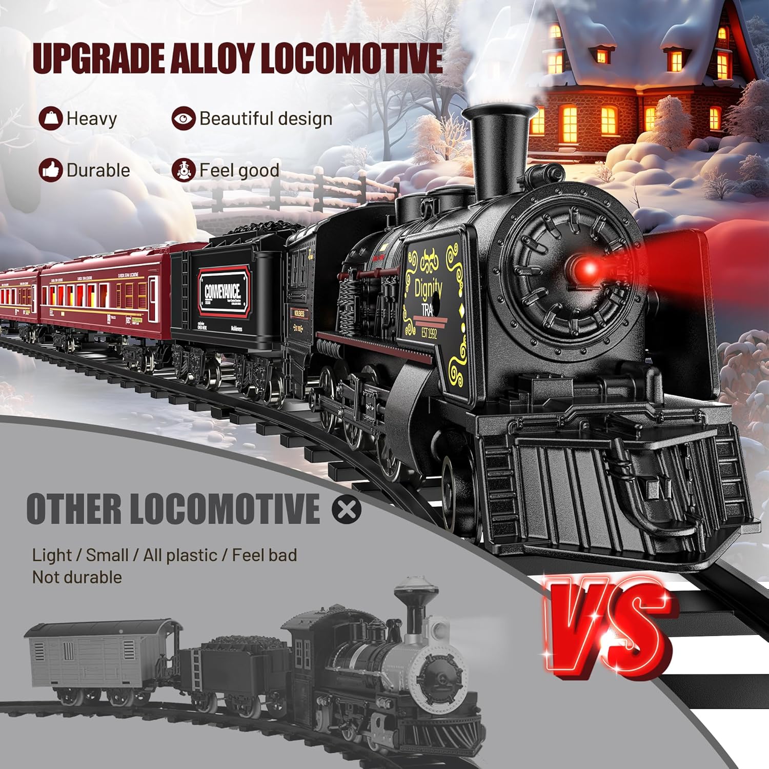 Hot Bee Juego de tren  Modelo de juguetes de tren con vagones de pasajeros brillantes, locomotora de vapor y pistas, trenes eléctricos de metal con