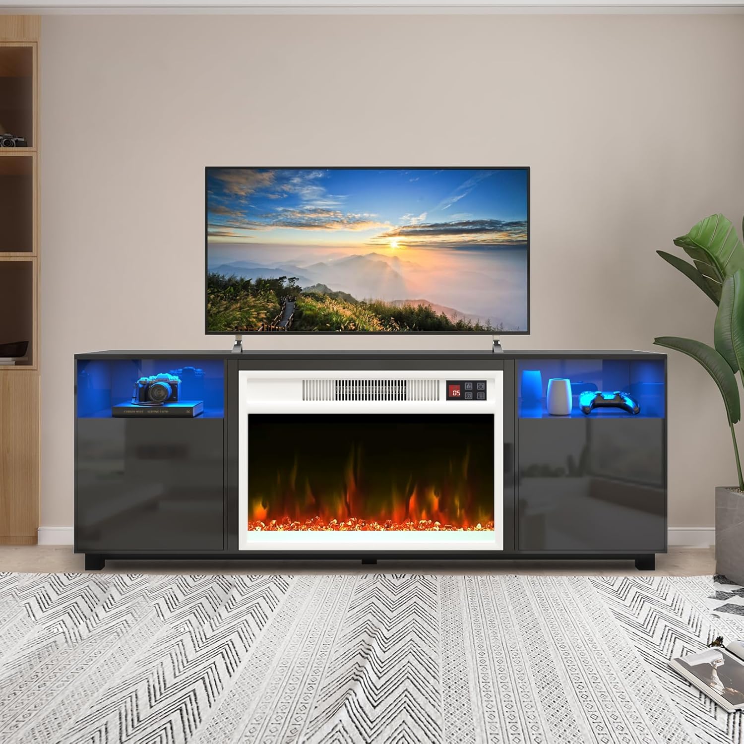 Soporte de TV con chimenea eléctrica de 23 pulgadas, centro de entretenimiento con luz LED de 65 pulgadas con chimenea eléctrica blanca, estantes