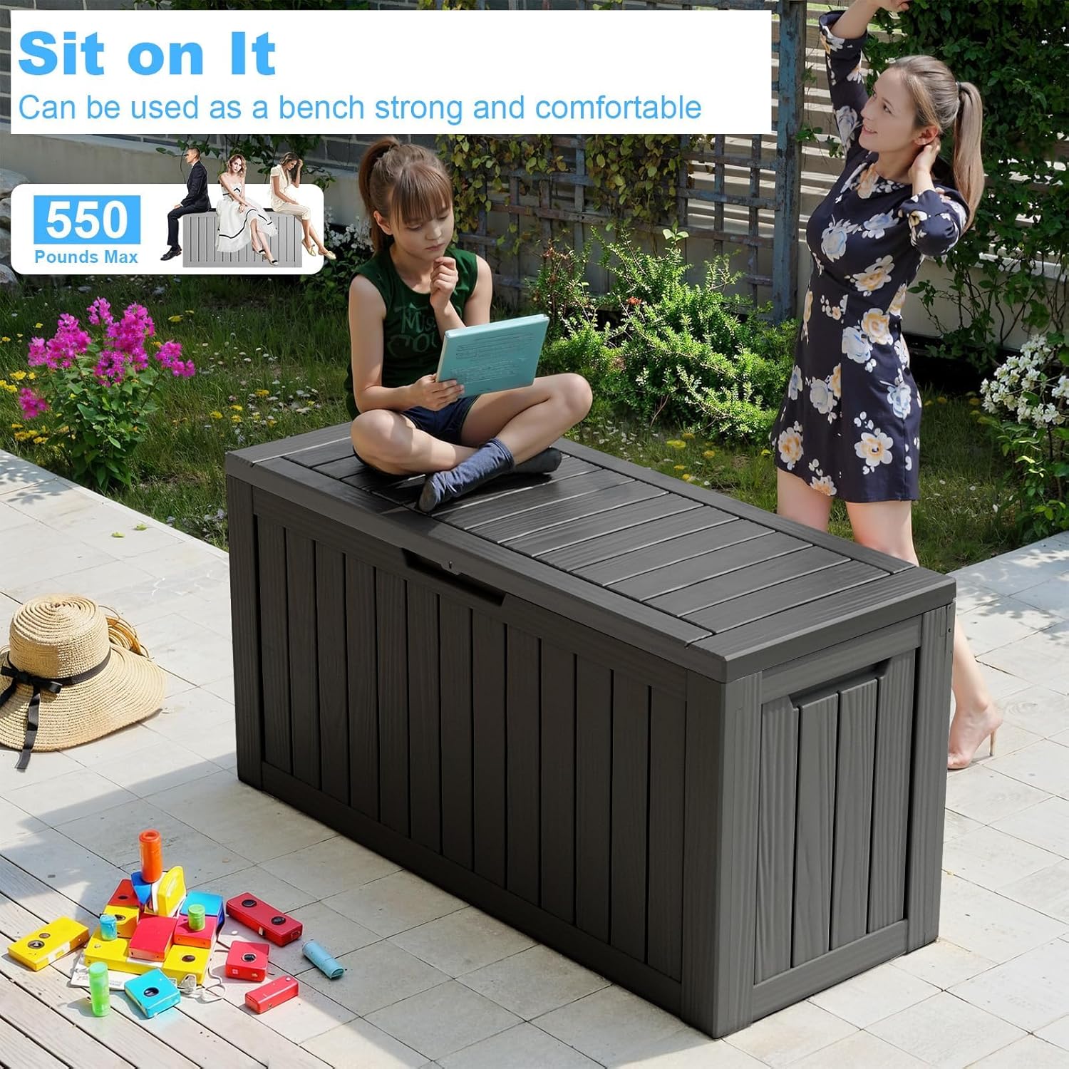 Caja de cubierta de resina de 80 galones, cajas impermeables al aire libre, contenedor bloqueable resistente a los rayos UV para muebles de patio,
