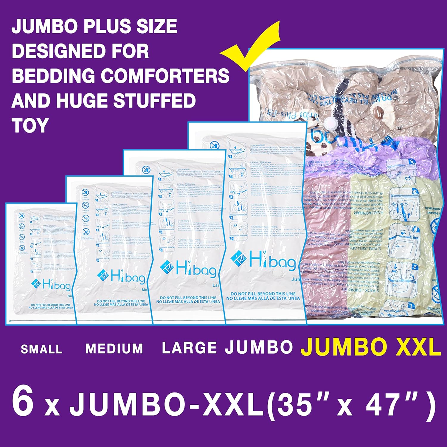 Bolsas de almacenamiento al vacío XXL Jumbo de 47 x 35 pulgadas, ahorro de espacio extra grandes para manta, ropa de cama, edredones y enormes