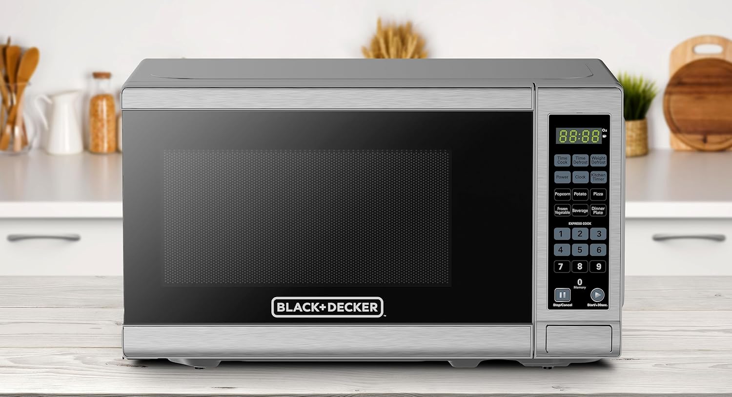 BLACK+DECKER Encimera compacta 0.7 pies cúbicos Horno de microondas digital de 700 vatios, iluminación LED, cerradura para niños, acero inoxidable