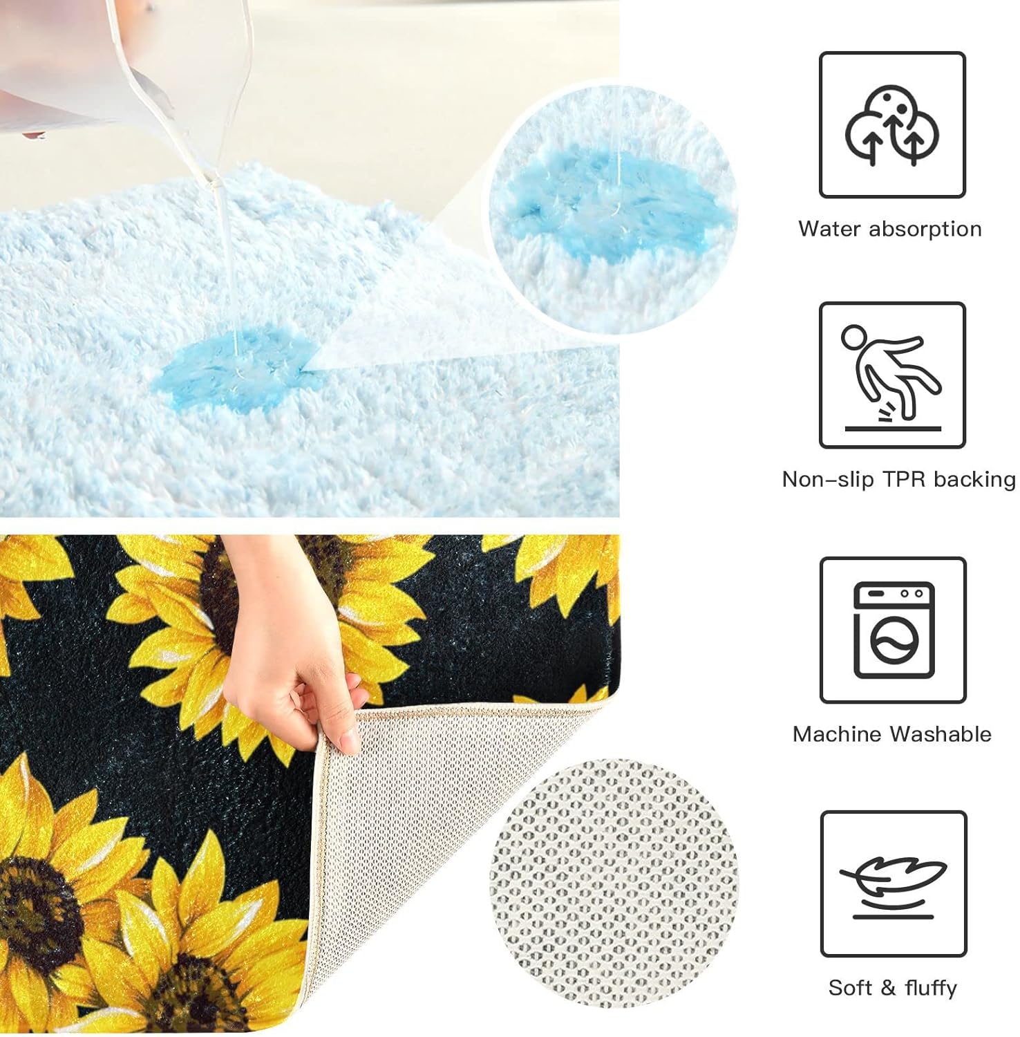 Alfombra de baño negra con girasoles, alfombra de baño suave, absorbente, alfombra de baño, alfombra de baño, alfombra de baño lavable,