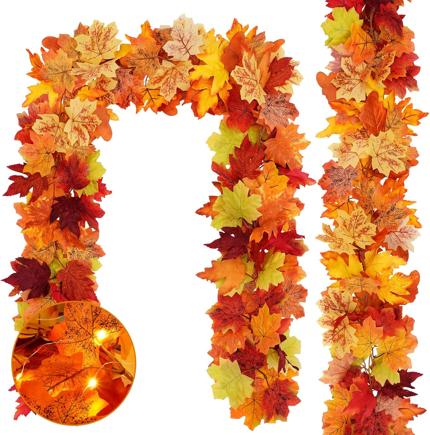 Dolicer Guirnalda de otoño con luces, 2 guirnaldas de hojas de otoño de 11.9 pies, guirnalda de otoño para manto, guirnalda de hojas de arce para el