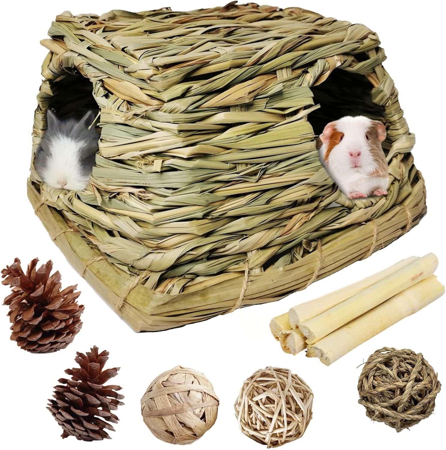 PINVNBY Casa de hierba de conejillo de indias con juguetes para masticar, conejito pequeño, escondite natural para mascotas, cabaña de césped con